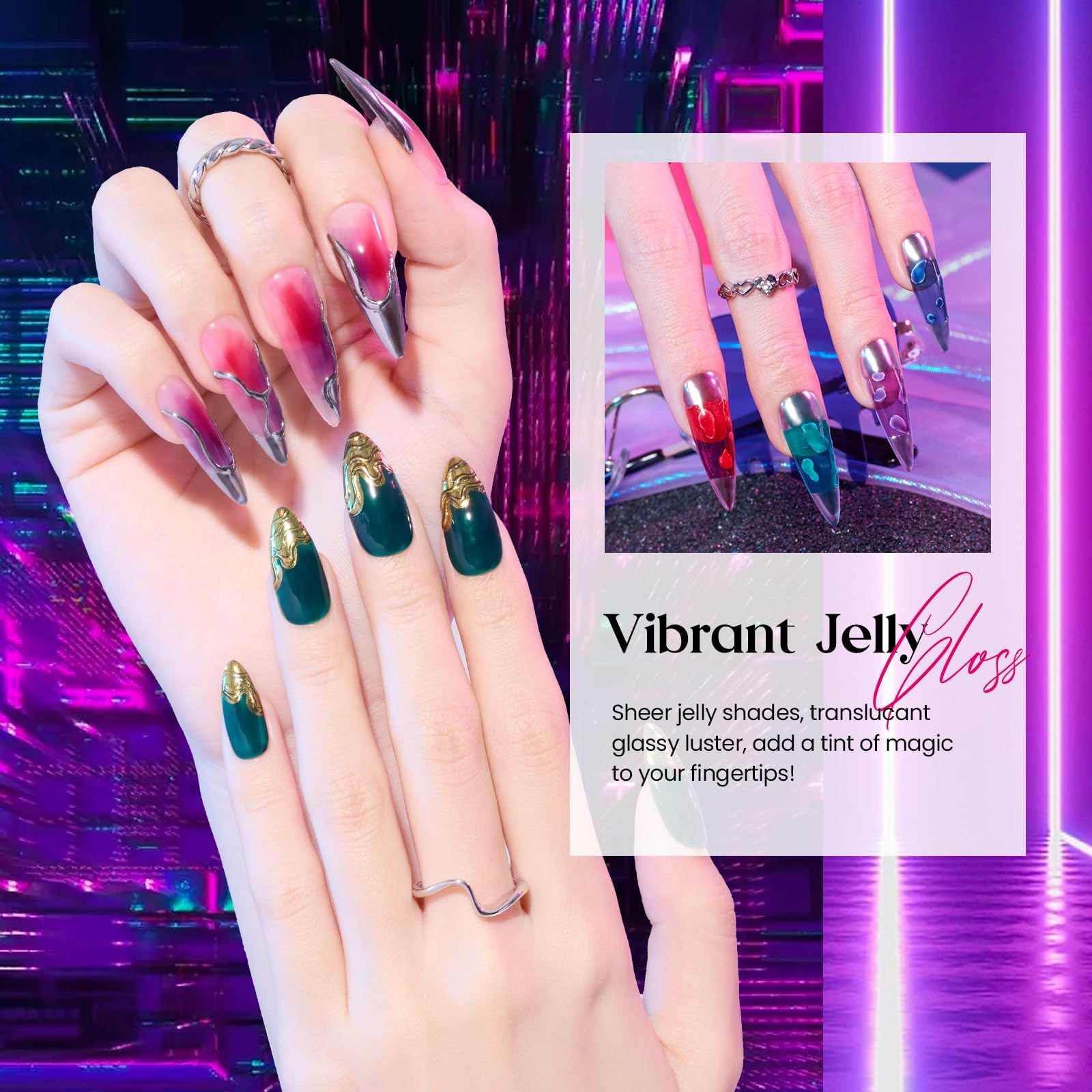 Beetles 6 Colors Jelly Gel Nail Polish Set - Pink, Red, Black, Blue, Green, Purple Sheer Translucent UV Soak Off Gel for Manicure | Spring Summer Nail Art Gift for Women | Perfect for Home Salon, DIY Nails & Professional Use