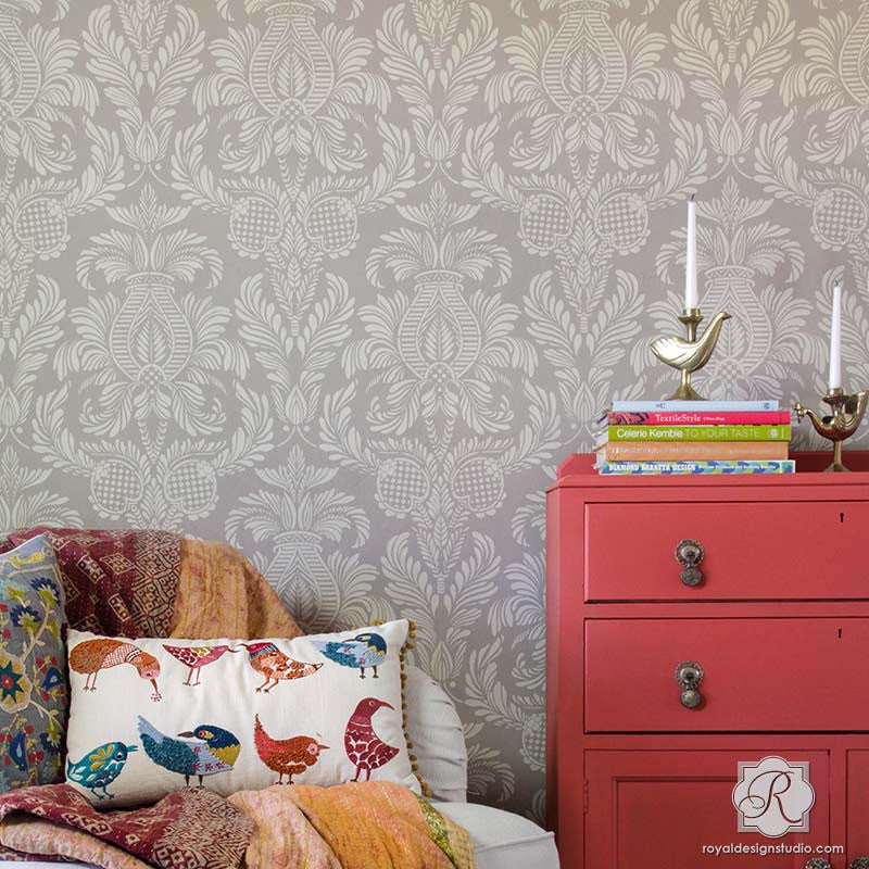 Isle of Palms Damask Wall Stencil - Reusable DIY Painting Template for Home Decor, Accent Walls, and Furniture - Perfect for Bedrooms, Living Rooms, and Craft Projects