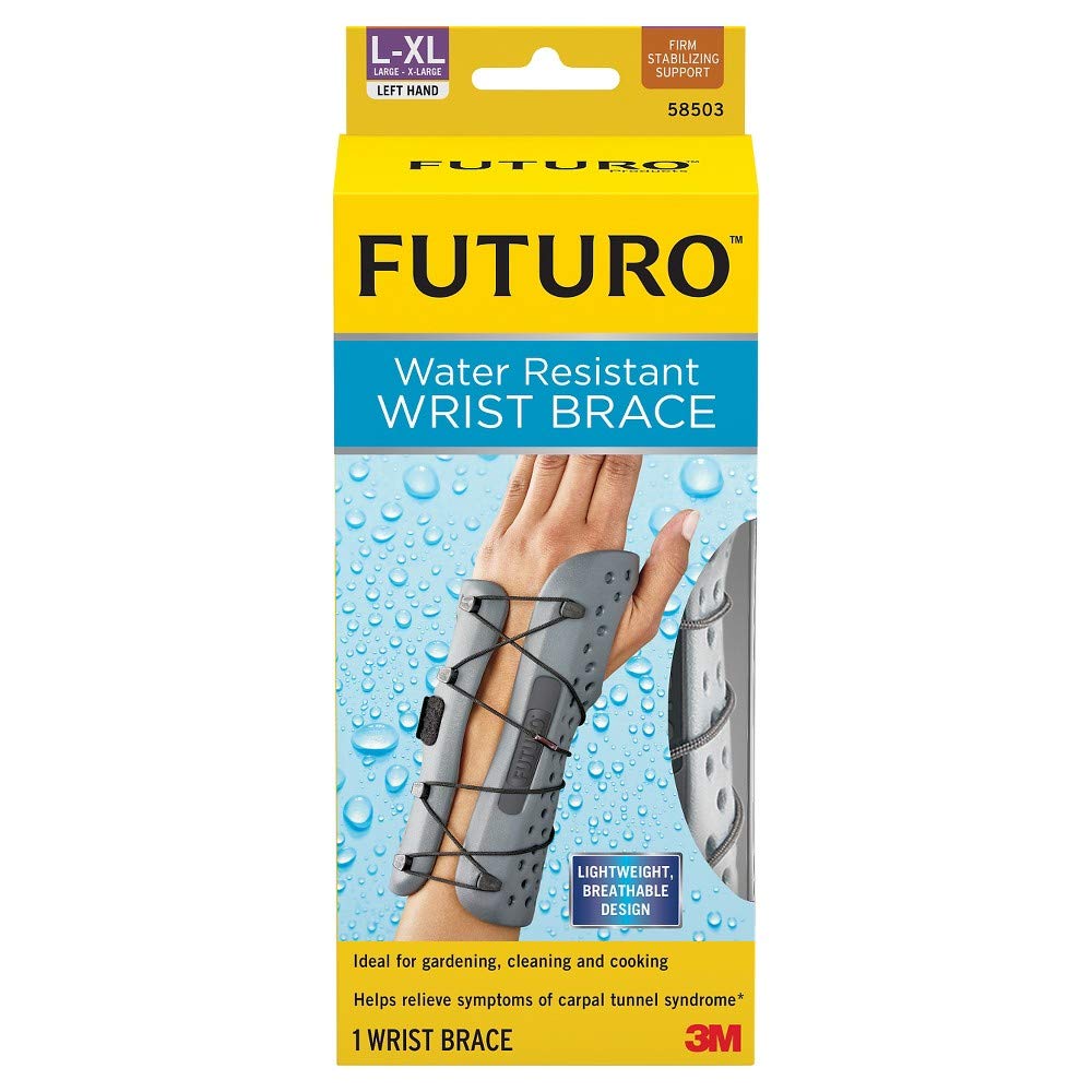 FUTURO Water Resistant Left Hand Wrist Brace Support - Large/X-Large Size for Carpal Tunnel, Arthritis & Sports Injury Relief - Ideal for Typing, Gaming & Workout Recovery
