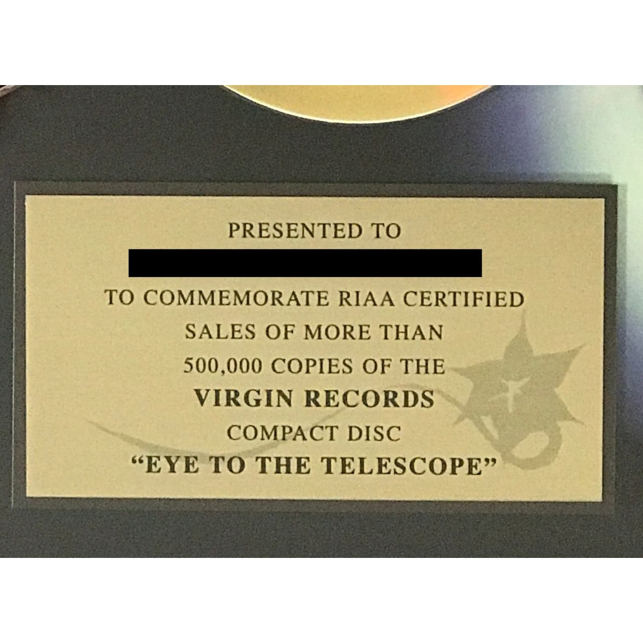 KT Tunstall Eye To The Telescope RIAA Gold Album Award - Certified Music Collectible for Fans & Display