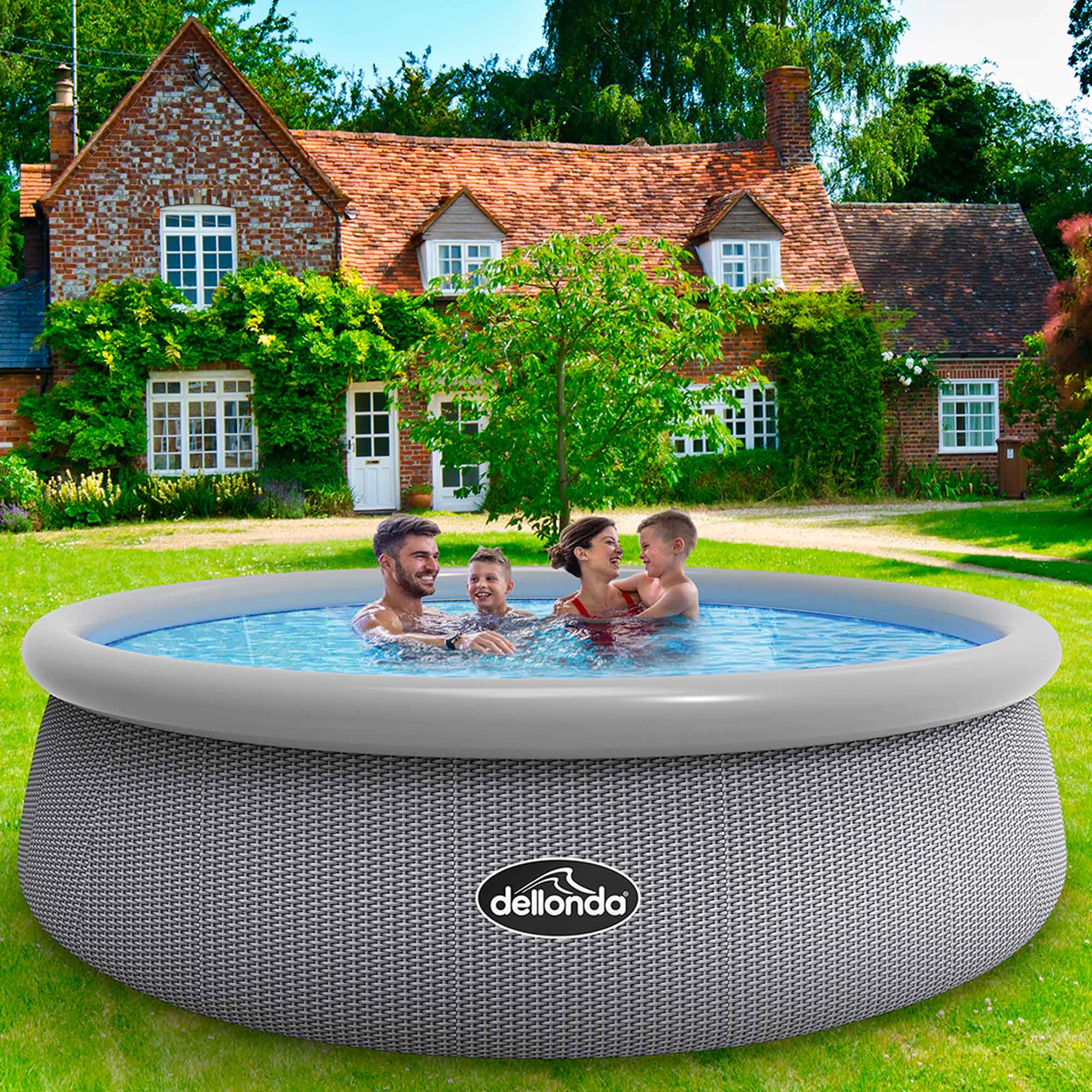 15ft Inflatable Round Swimming Pool with Filter Pump - Grey Rattan Design (DL18) for Backyard, Garden, and Outdoor Family Fun