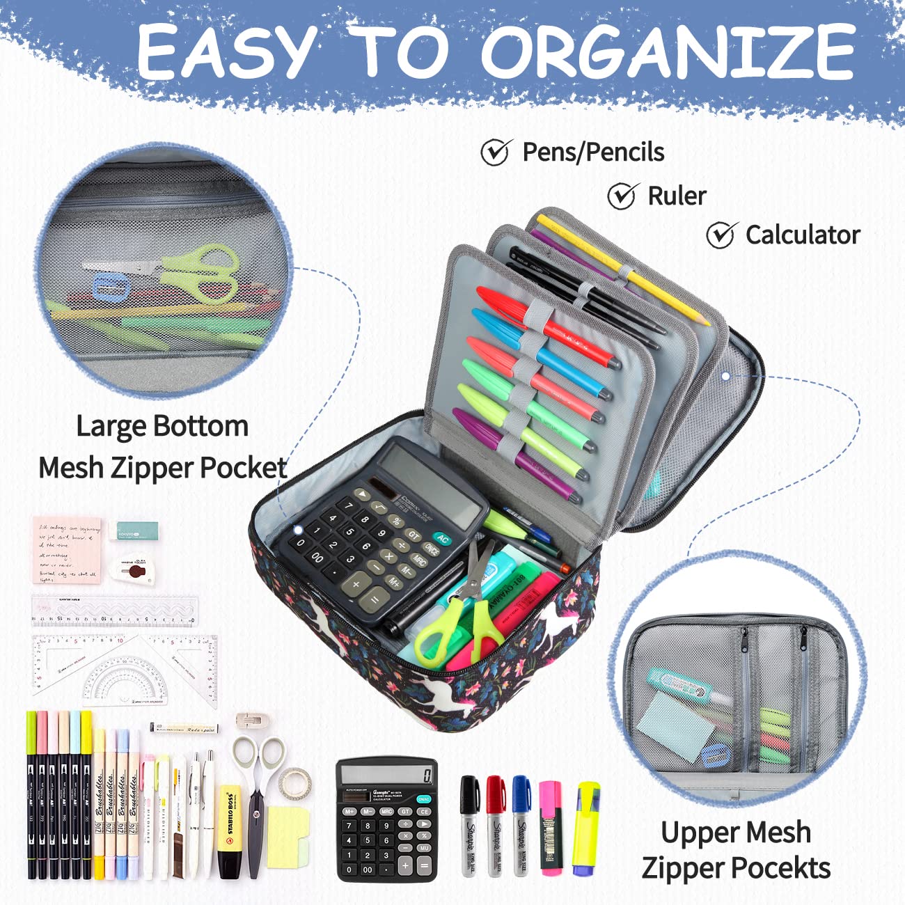 VASCHY Large Pencil Case with Detachable Pockets - for Art Supplies & School Stationery Organization - Black Unicorn Design