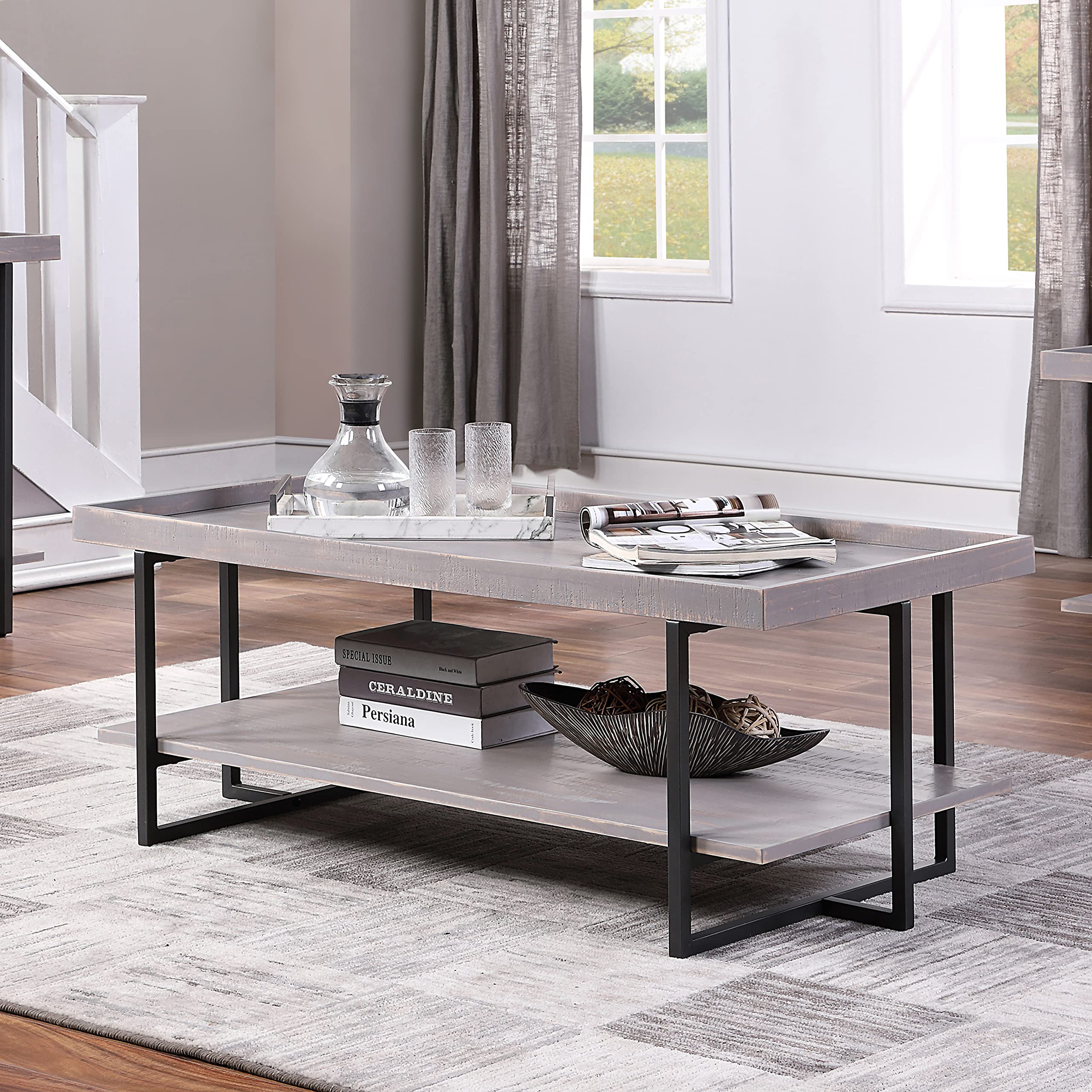 Ollen Modern 48-inch Rectangle Wood Coffee Table with Tray Top - 1-Shelf Storage Console Table for Living Room & Bedroom in Antique Gray - Perfect for Small Spaces, TV Stand, or Stylish Home Decor