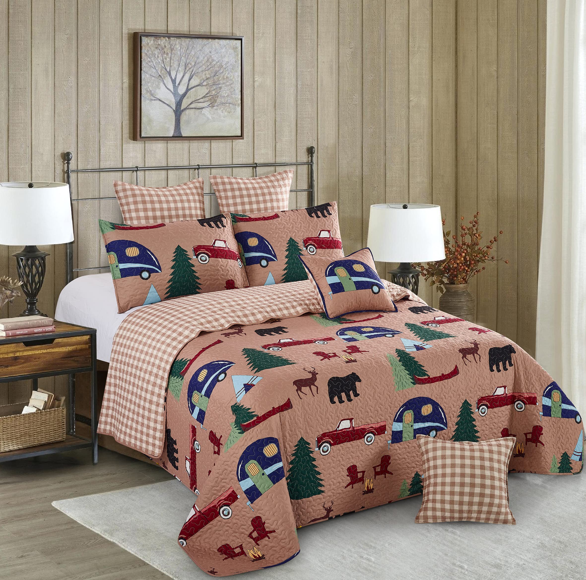 Virah Bella 3-Piece Full/Queen Quilt Bedding Set - Rustic Reversible Patchwork Comforter with Pillow Shams - Woodland Camping Theme for Cozy Cabin & Country Home Decor