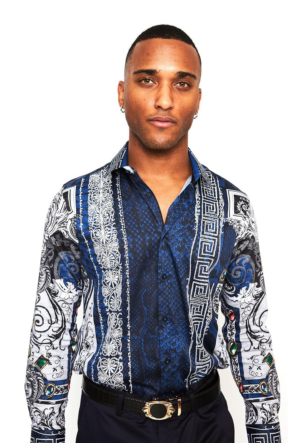 Barabas Men's Rhinestone Greek Snake Pattern Shirt SPR962 - Stylish Party & Nightclub Wear for Men
