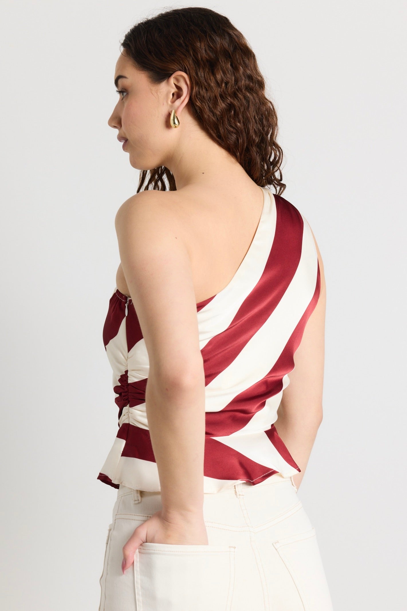 Stylish Fiction Plum Stripe Satin One Shoulder Top for Women | Elegant Party & Evening Wear | Perfect for Date Nights & Special Occasions
