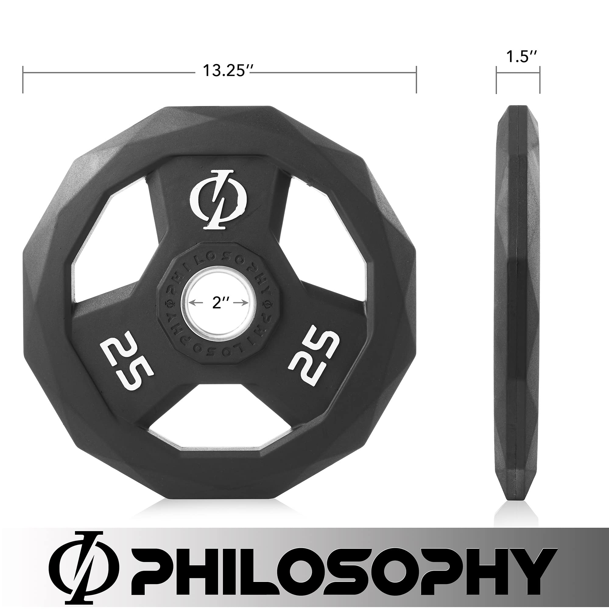 Philosophy Gym Set of 2 Rubber Coated Olympic Grip Weight Plates - 2-in Olympic Plates Black for Home & Commercial Gym Workouts