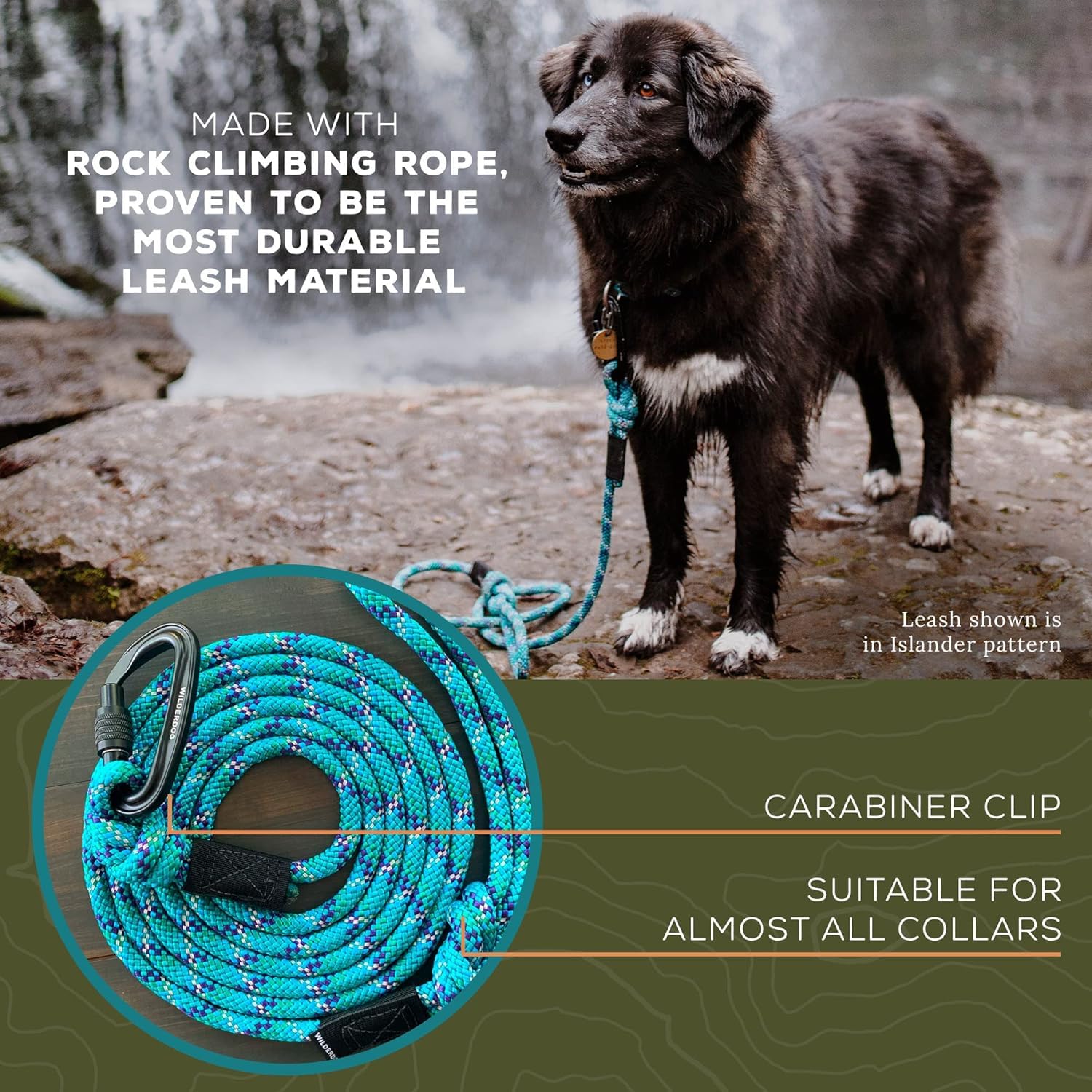 Wilderdog Heavy Duty Carabiner Climbing Rope Dog Leash - 5ft Durable Leash for Medium & Large Dogs - Islander Color - Perfect for Hiking, Camping & Outdoor Adventures with Your Pet