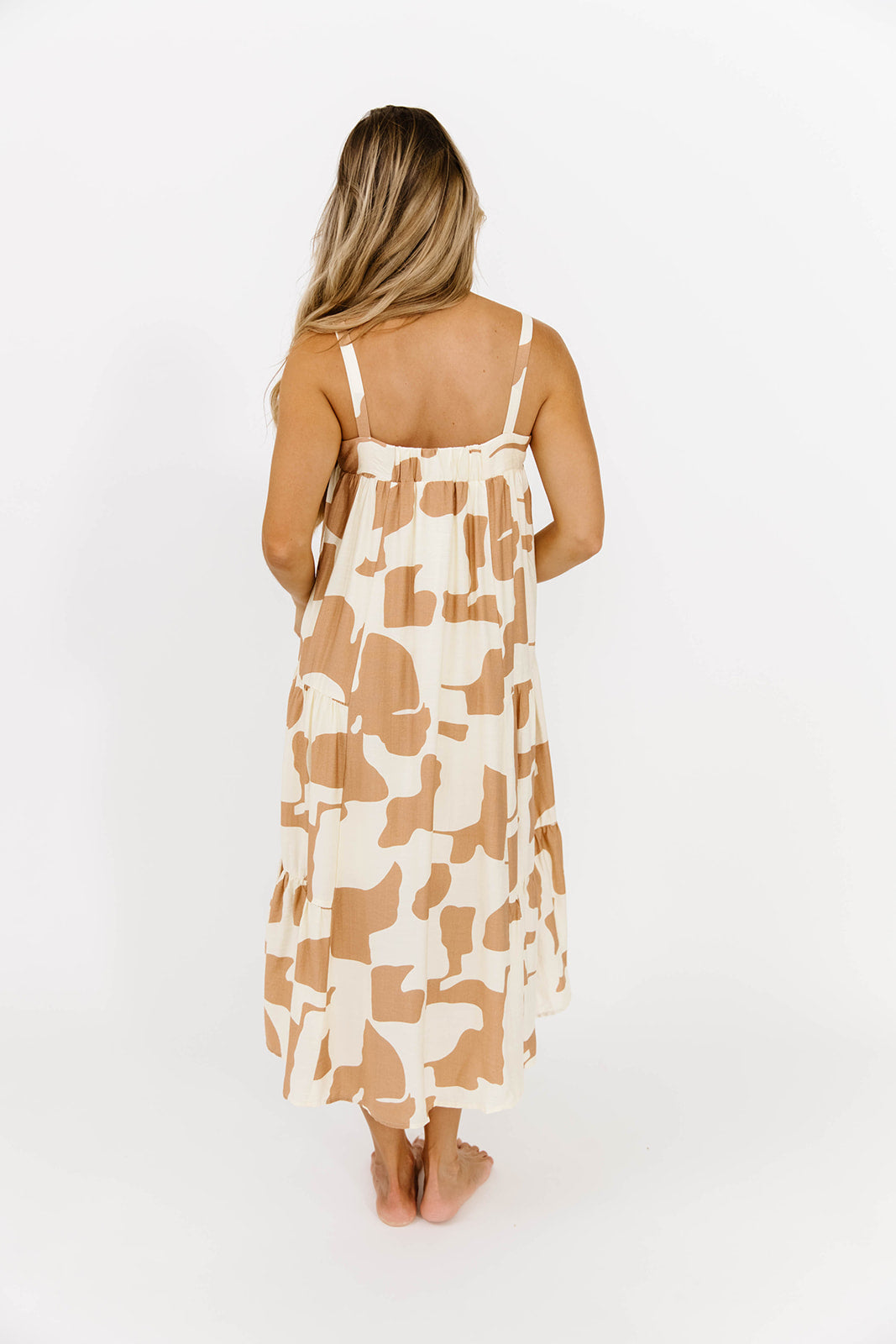 Padma Abstract Print Shirring Tiered Flowy Midi Dress in Ivory/Taupe - Elegant Boho Chic Dress for Women, Perfect for Summer Weddings, Beach Vacations & Date Nights