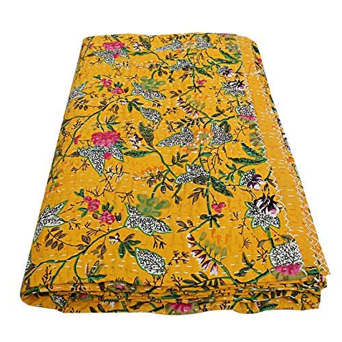 Yellow Bird of Paradise Print Kantha Quilt - Twin Size Bohemian Bedspread, Cotton Throw Blanket & Bed Cover for King Bed | Perfect for Boho Bedroom Decor, Guest Room Accent, or Cozy Living Room Throw