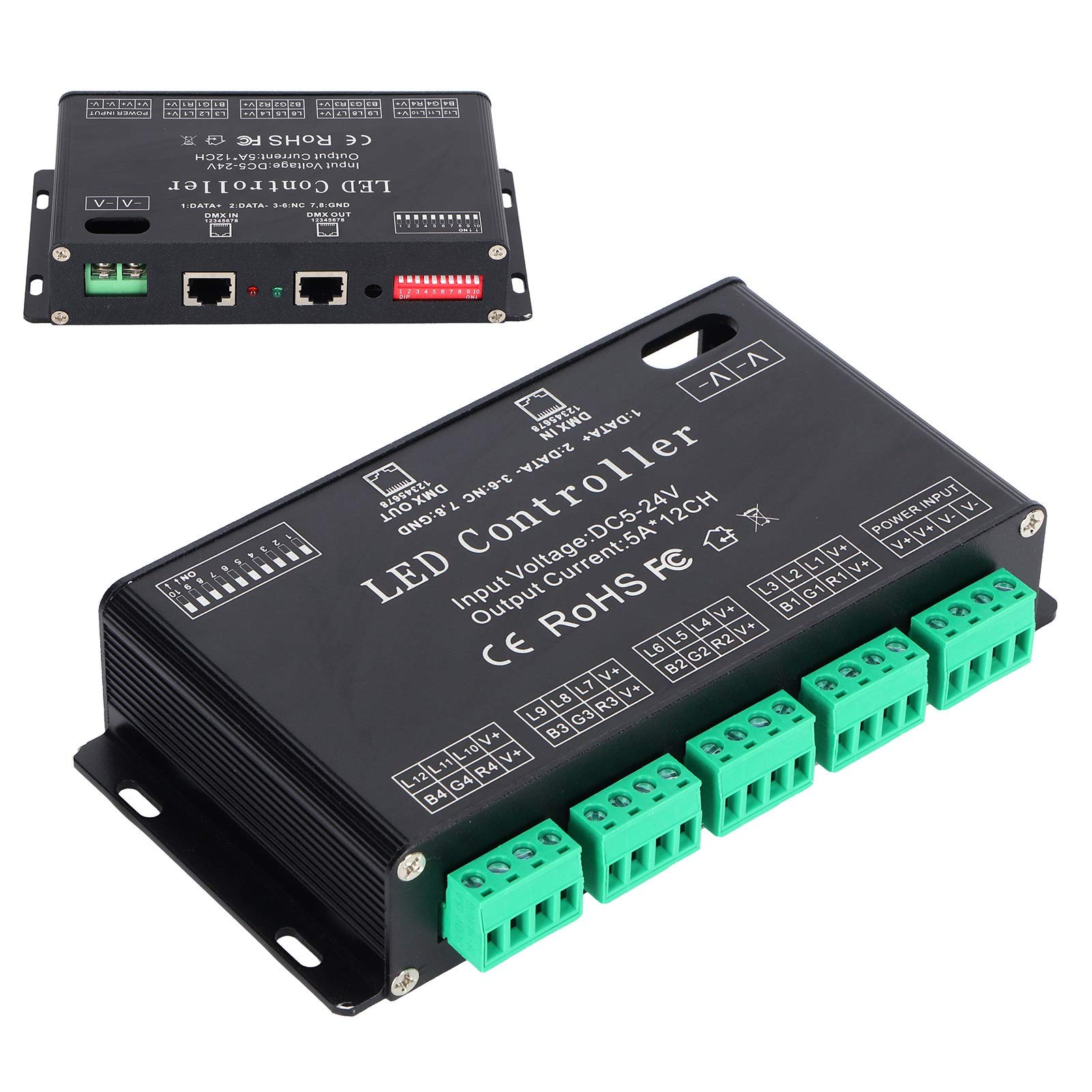 Walfront 12 Channel DMX512/1990 LED RGB Strip Light Controller - Constant Current Decoder & Dimmer Board with DIP Switch (DC 5-24V) for Stage Lighting, Home Theater, and Architectural Lighting