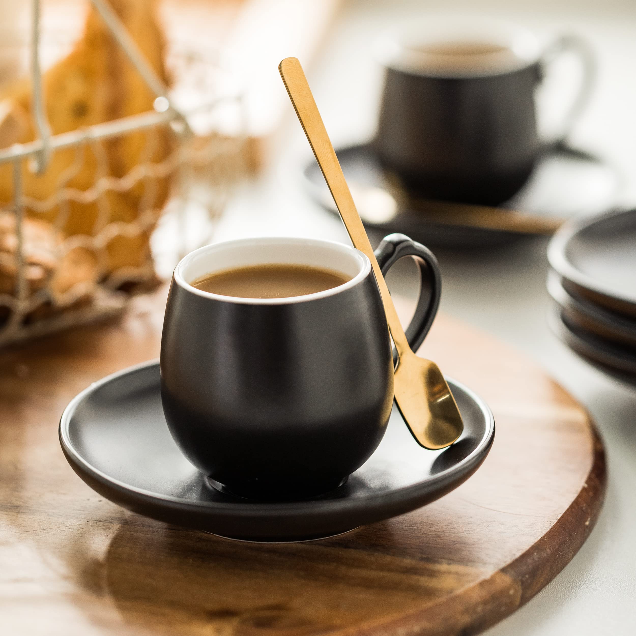 LYEOBOH 6-Piece Ceramic Espresso Cups and Saucers Set with Spoons & Metal Stand - 3oz Small Demitasse Coffee Mugs for Cappuccino, Latte, Tea - Perfect for Home Cafes, Coffee Shops & Gifts (Black)