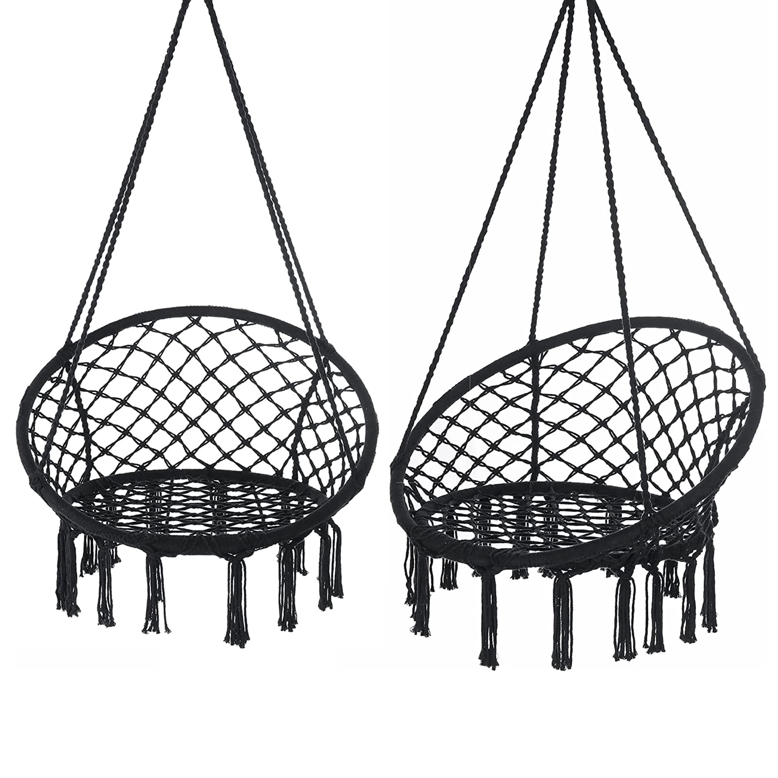 Bohemian Macrame Hammock Chair Swing Set of 2 - Handmade Cotton Rope Hanging Chair with Tassels for Indoor & Outdoor Use - Supports 330 lbs (Black) - Perfect for Bedroom, Patio, Garden Relaxation & Boho Decor