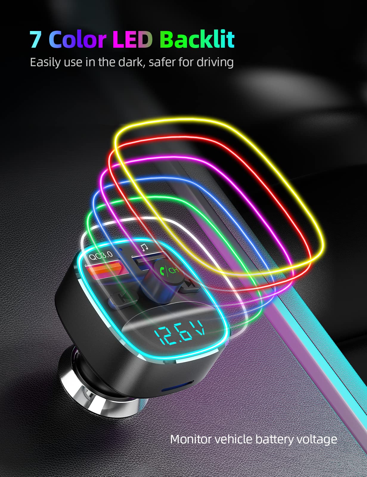 Nulaxy NX10 Bluetooth FM Transmitter for Car - Wireless Car Adapter with Dual USB Charger, MP3 Player, Hands-Free Calling, TF/USB Support & 7-Color LED Backlit - Perfect for Road Trips & Commuting