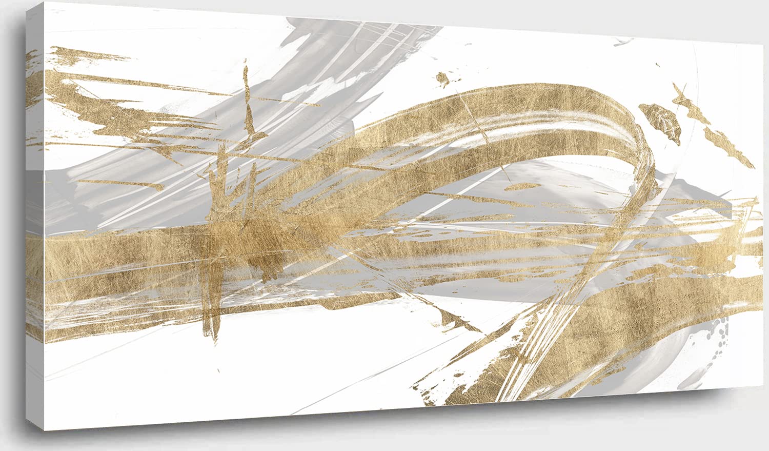 Abstract Wall Art Canvas Print - Grey & Gold Line Modern Framed Painting 24x48 inches (60x120cm) for Living Room, Bedroom, Office & Bathroom Decor | Contemporary Home Artwork for Stylish Interior Design