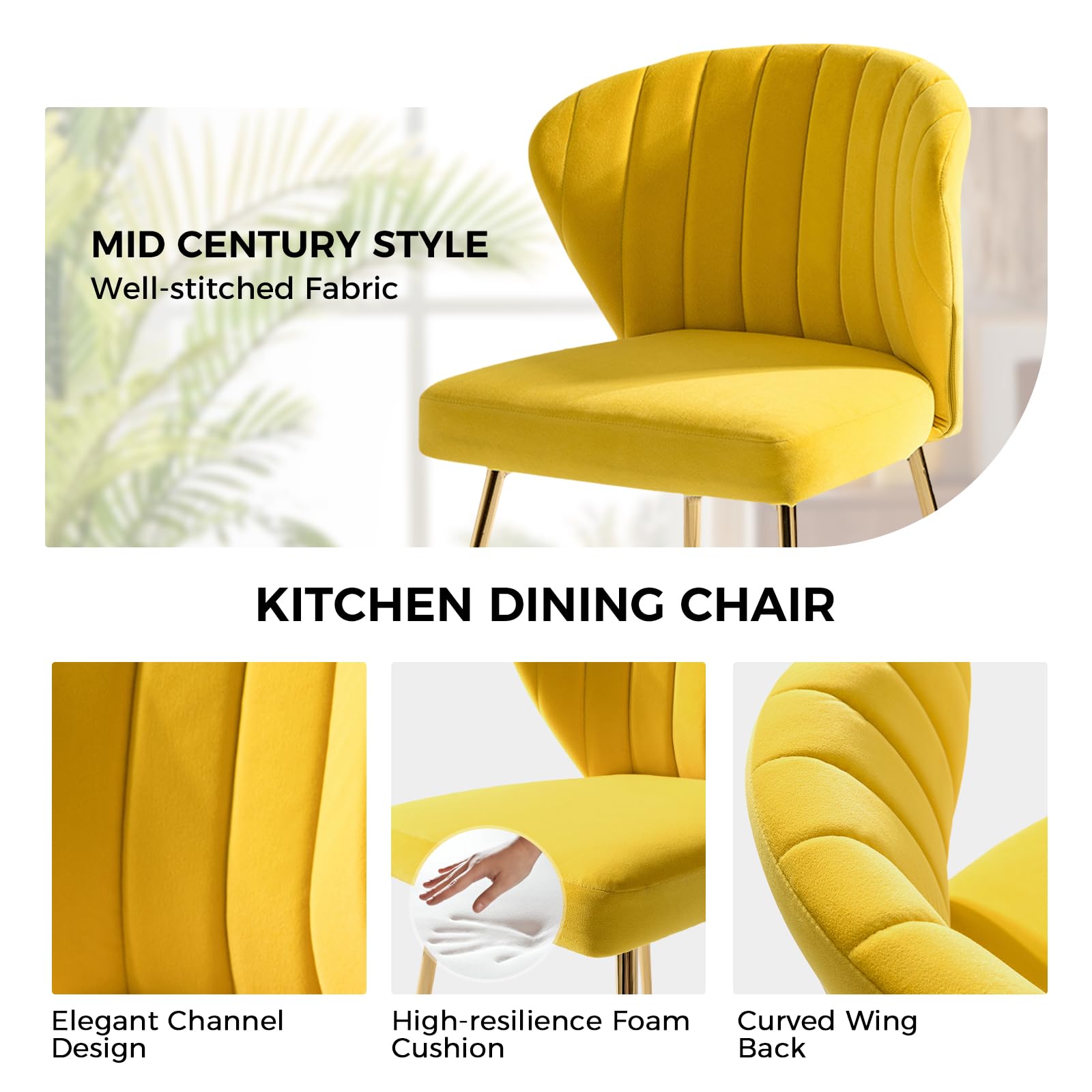 HULALA HOME Velvet Dining Chairs - Modern Small Armless Accent Chair with Gold Metal Legs, Upholstered Living Room Side Chair, Elegant Tufted Back Vanity Chair in Yellow | Perfect for Dining Room, Bedroom, Home Office & Makeup Area