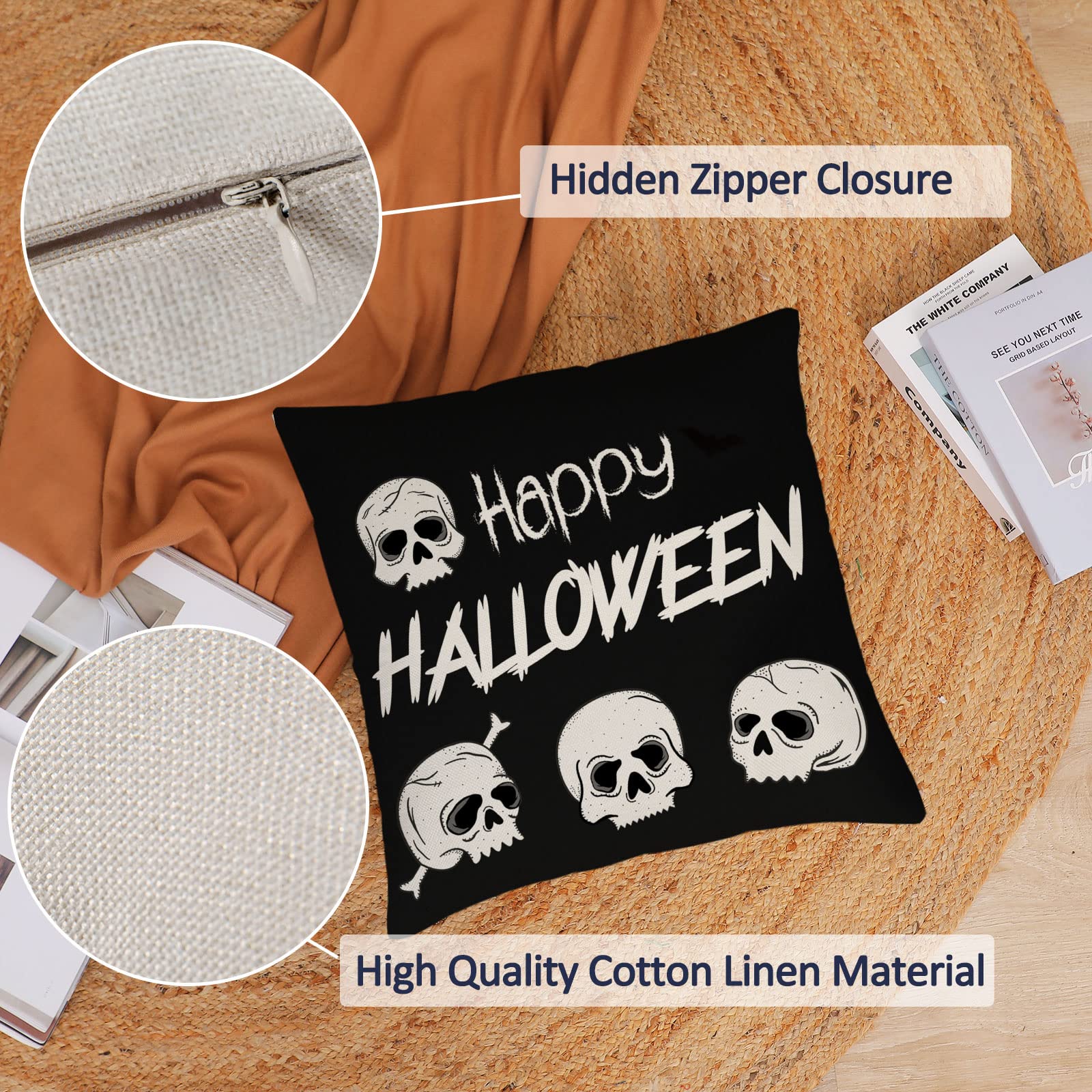Halloween Pillow Covers 12x12 Set of 4 - Black Skeleton Ghost Throw Pillow Cases for Couch, Sofa & Outdoor Decor - Spooky Home Decorations for Halloween Party, Living Room & Porch