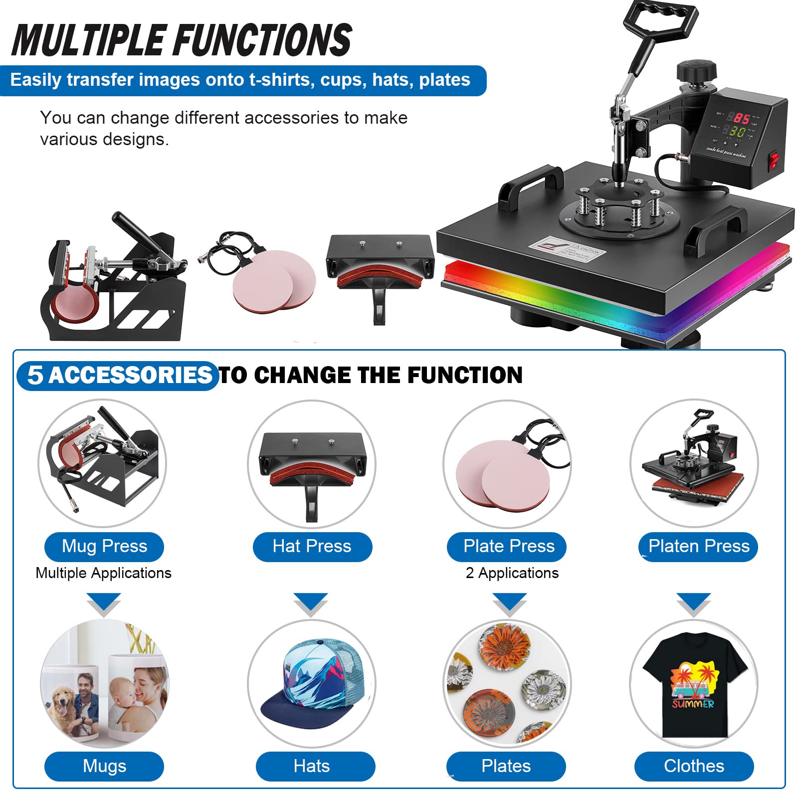 5 in 1 Multifunction Heat Press Machine 15x15 inch - T-Shirt, Hat, Mug & Plate Sublimation Transfer Press with Slide Out Design | Perfect for DIY Crafts, Custom Apparel & Small Business Printing