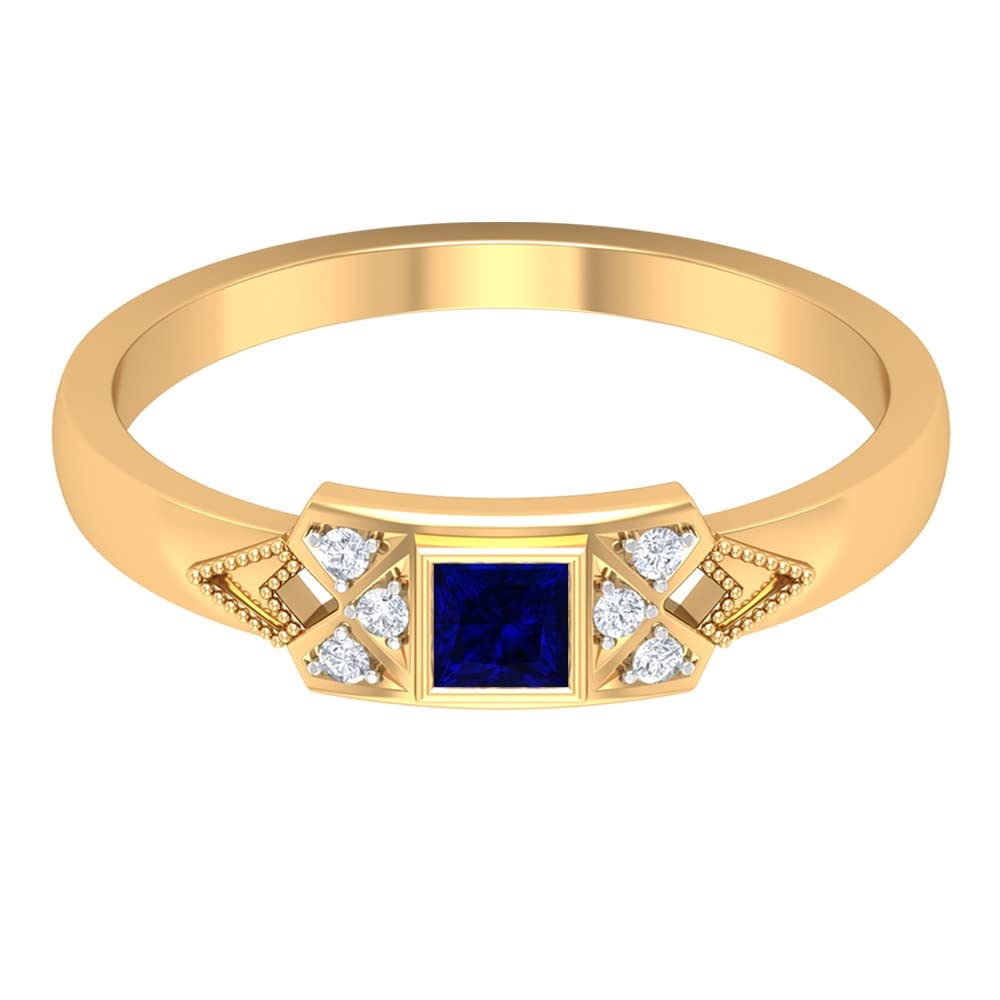 1/4 CT Lab Created Blue Sapphire & Diamond Ring - 14K Solid Gold Promise Ring for Women, Princess Cut Blue Sapphire with Diamond Accents - Perfect for Engagement, Anniversary & Special Occasions