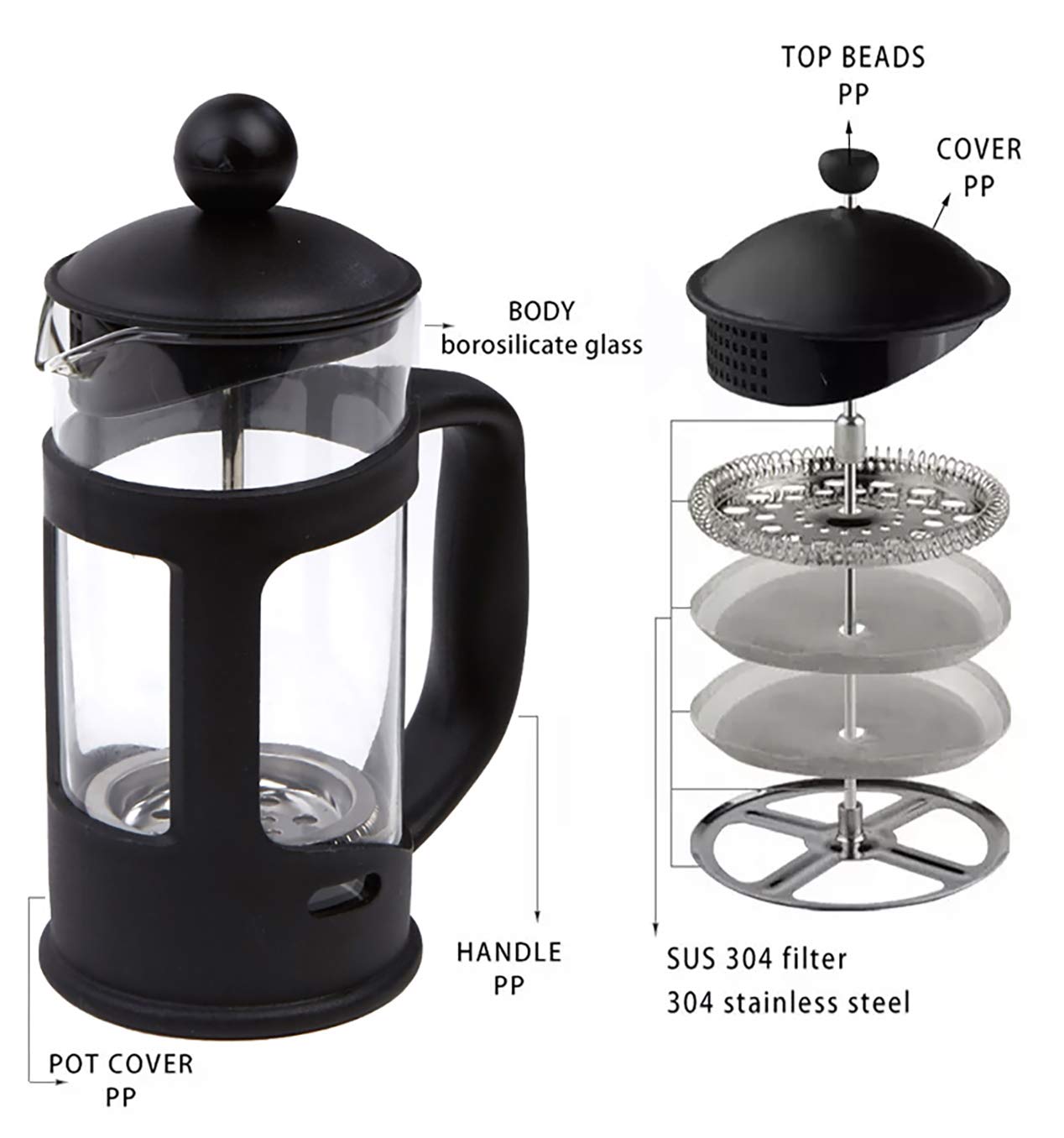 Premium French Press Coffee Maker - 12 Oz High Borosilicate Glass with Stainless Steel Reusable Filter (Black) | Perfect for Home, Office & Camping Brewing