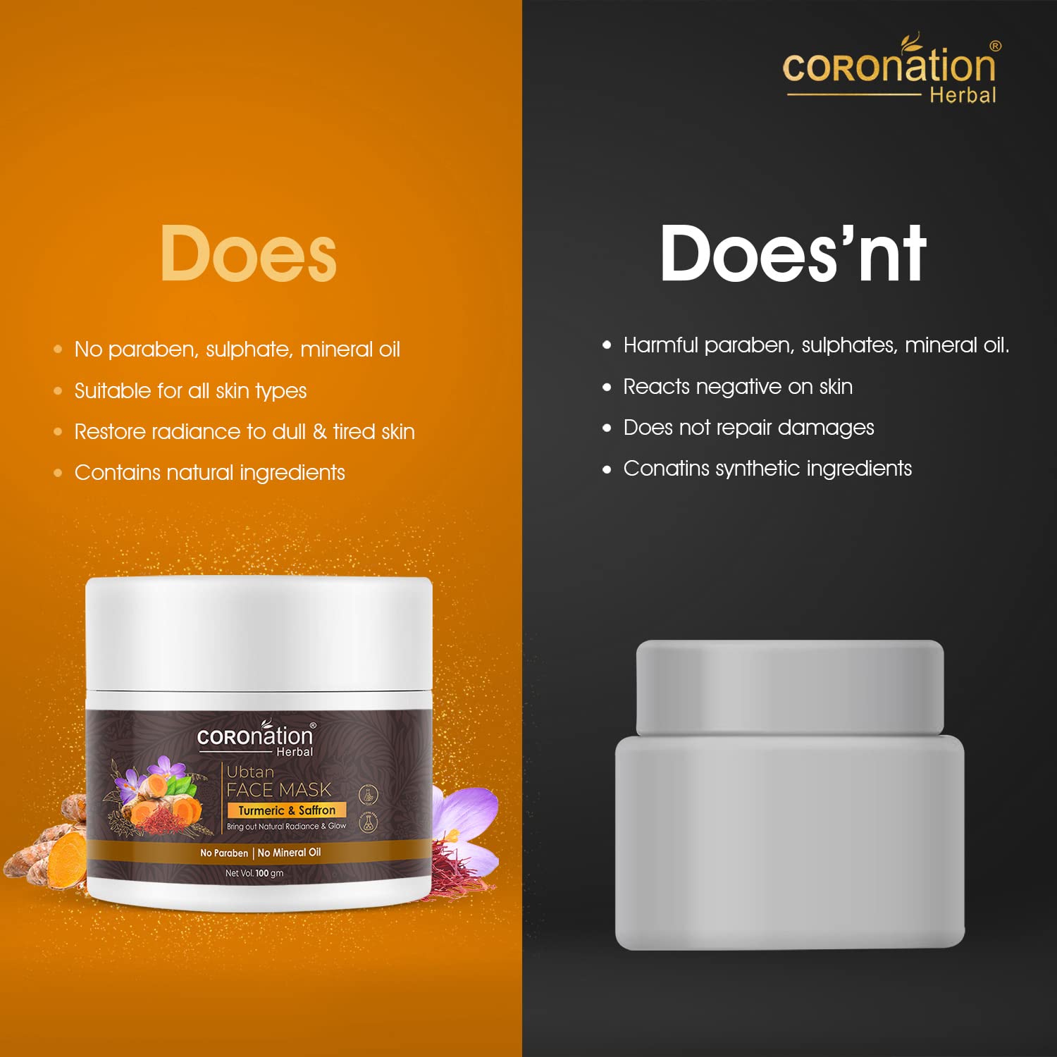 Best Herbal Ubtan Face Mask with Turmeric & Saffron for Men & Women - Brightens Skin, Reduces Tan & Sun Damage - Removes Blackheads & Dirt for Natural Glow | Perfect for Daily Skincare & Post-Sun Care Routine