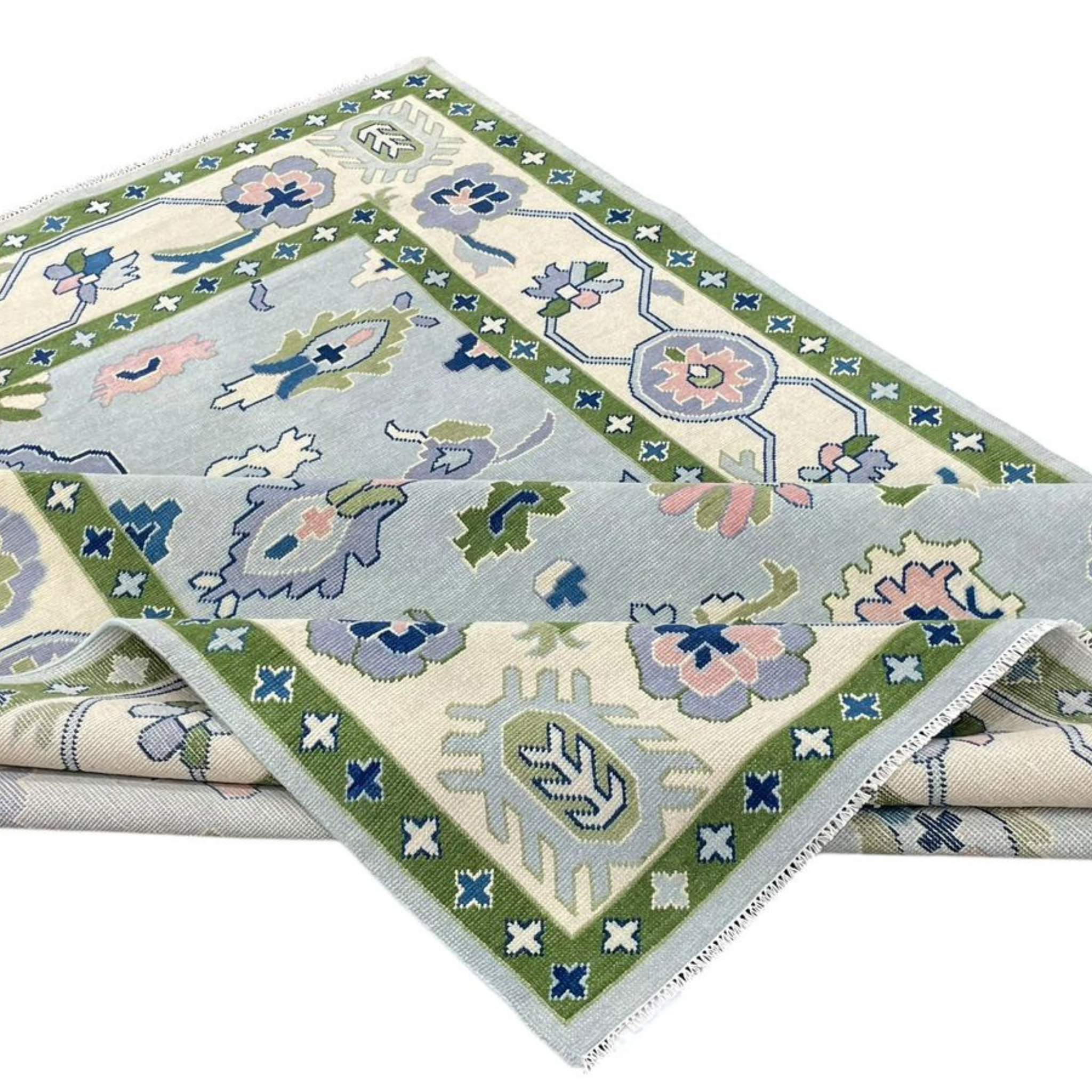 Handmade Byram Oushak Rug in Meadow Green - Authentic Turkish Wool Area Rug for Living Room, Bedroom & Dining Room Decor