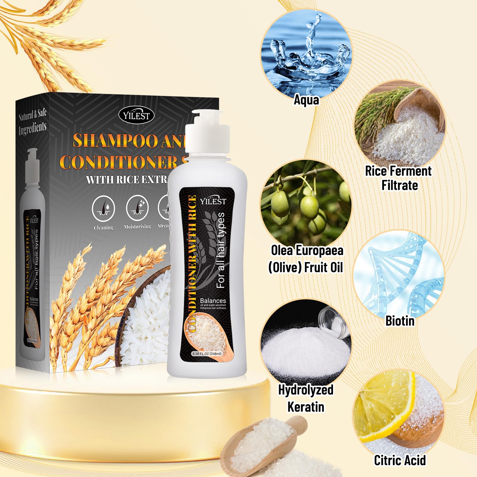 Premium Rice Hair Growth Shampoo & Conditioner Set with Treatment Serum - Anti Hair Loss & Thickening Formula for Men & Women - Stimulates Hair Regrowth & Prevents Thinning - Ideal for Daily Hair Care & Scalp Nourishment