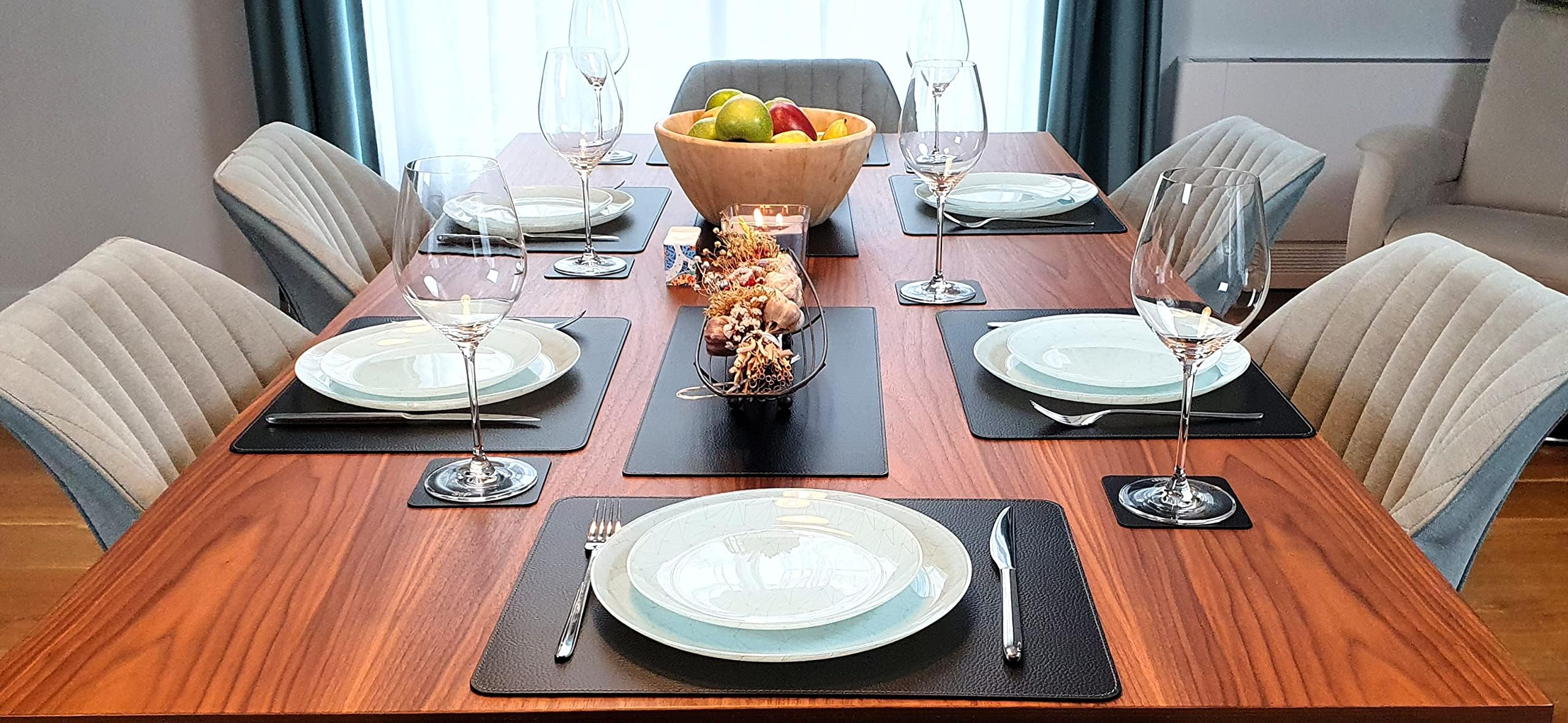 Eco-Friendly Black Recycled Leather Placemats and Coasters Set - 4 Table Mats (18