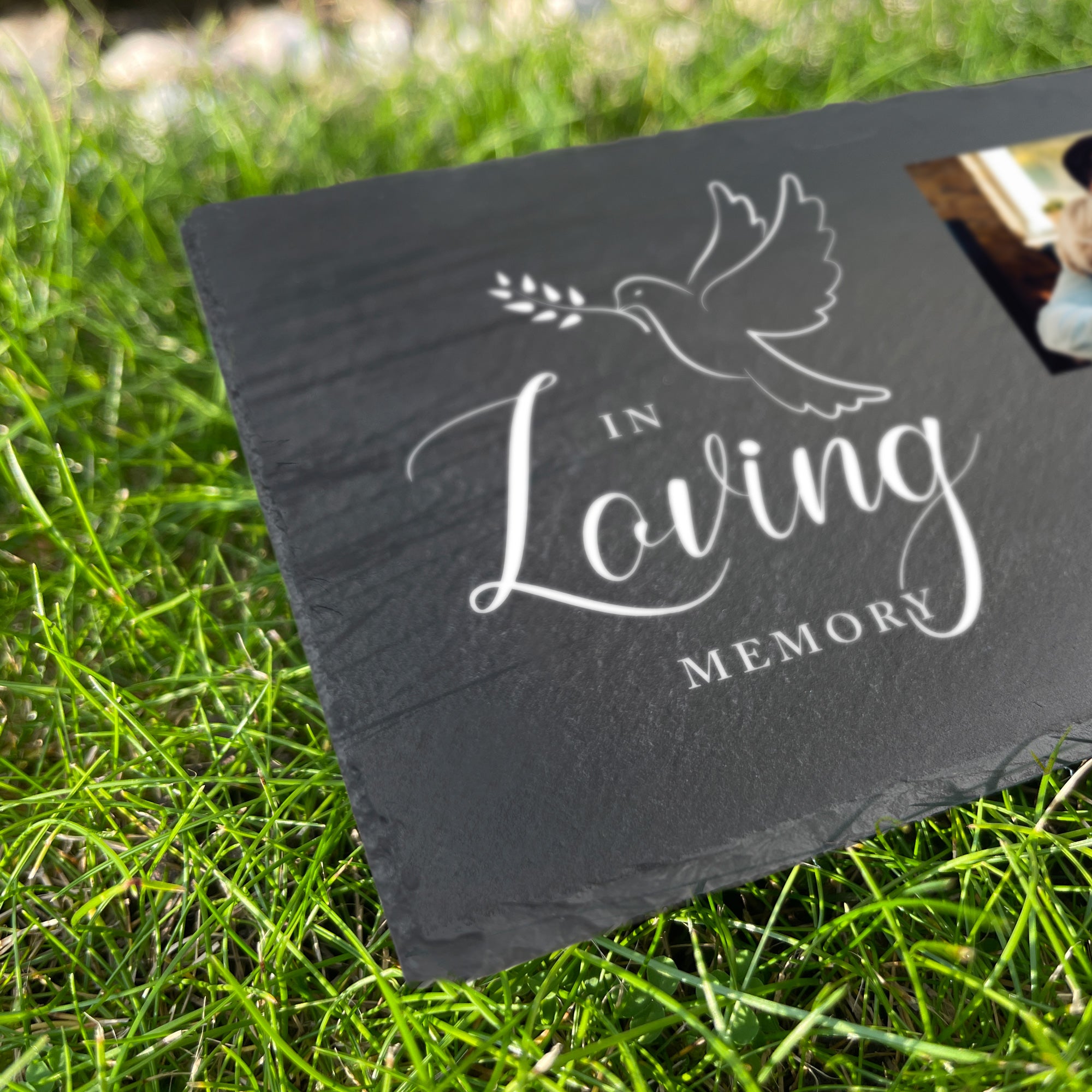 Personalized In Loving Memory Dove Photo Slate Grave Marker - 30x20cm Memorial Plaque for Headstones, Cemeteries & Remembrance Gifts