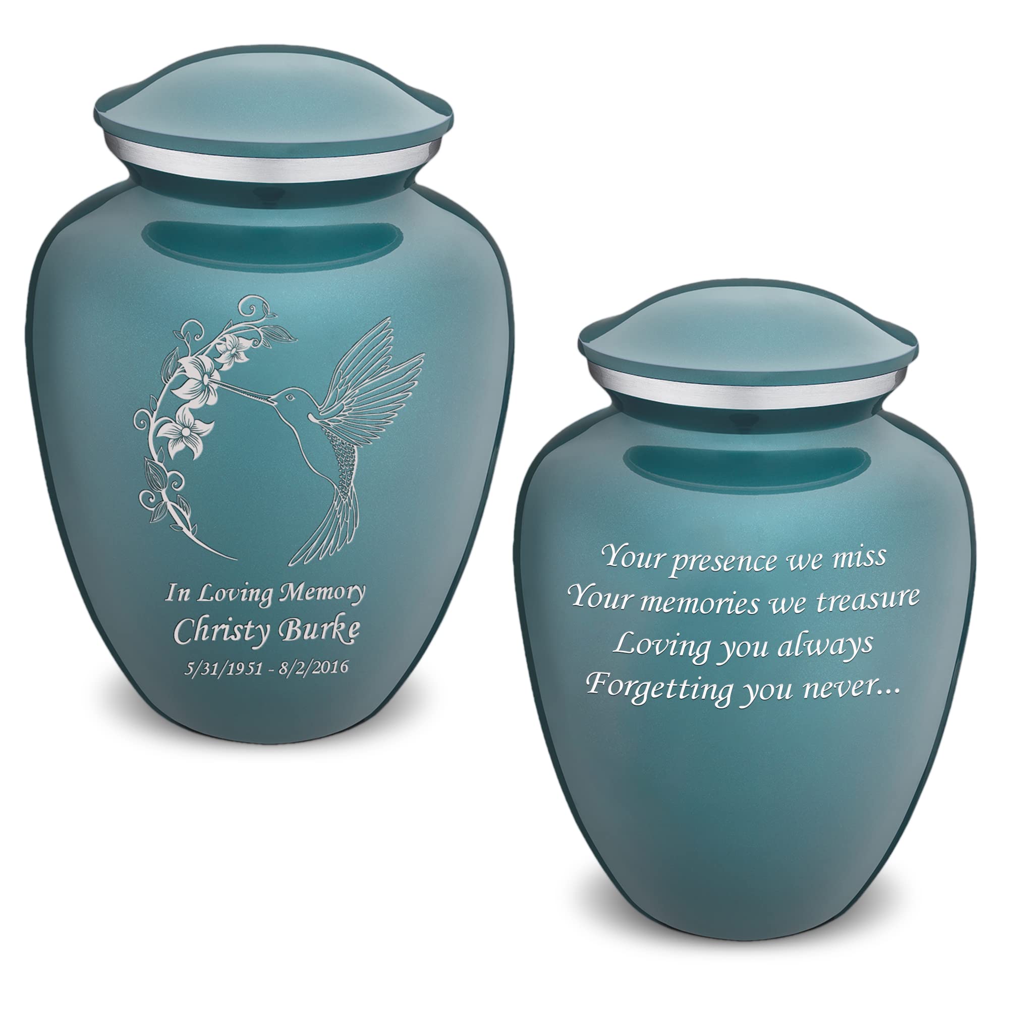 Personalized Hummingbird Cremation Urn for Human Ashes - Large Teal Funeral Urn with Double Side Engraving for Adults (200 lbs Capacity) | Memorial Keepsake for Home, Funeral Service & Scattering Ceremonies