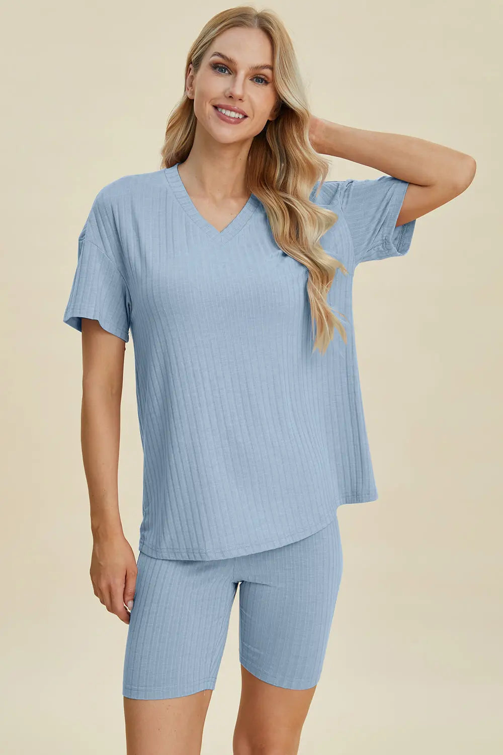 Basic Bae Full Size Ribbed V Neck Short Sleeve Top and Shorts Set - Women's Casual Summer Outfit for Beach, Lounge & Everyday Wear