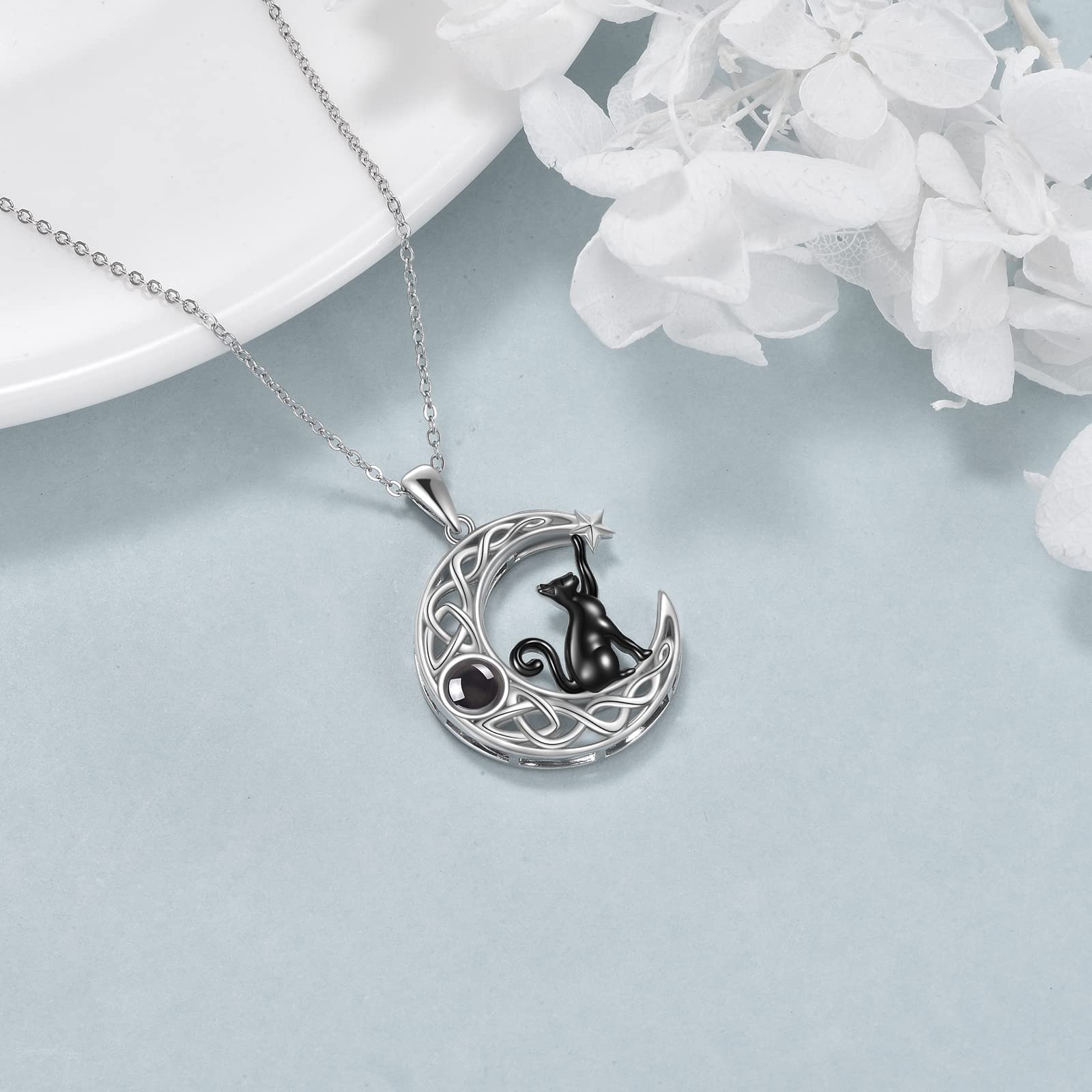 VONALA 925 Sterling Silver Black Cat Necklace with Moon Pendant - Elegant Jewelry Gift for Women & Teen Girls | Birthday, Christmas, Valentine's Day Present | Perfect for Casual Wear, Date Night & Special Occasions