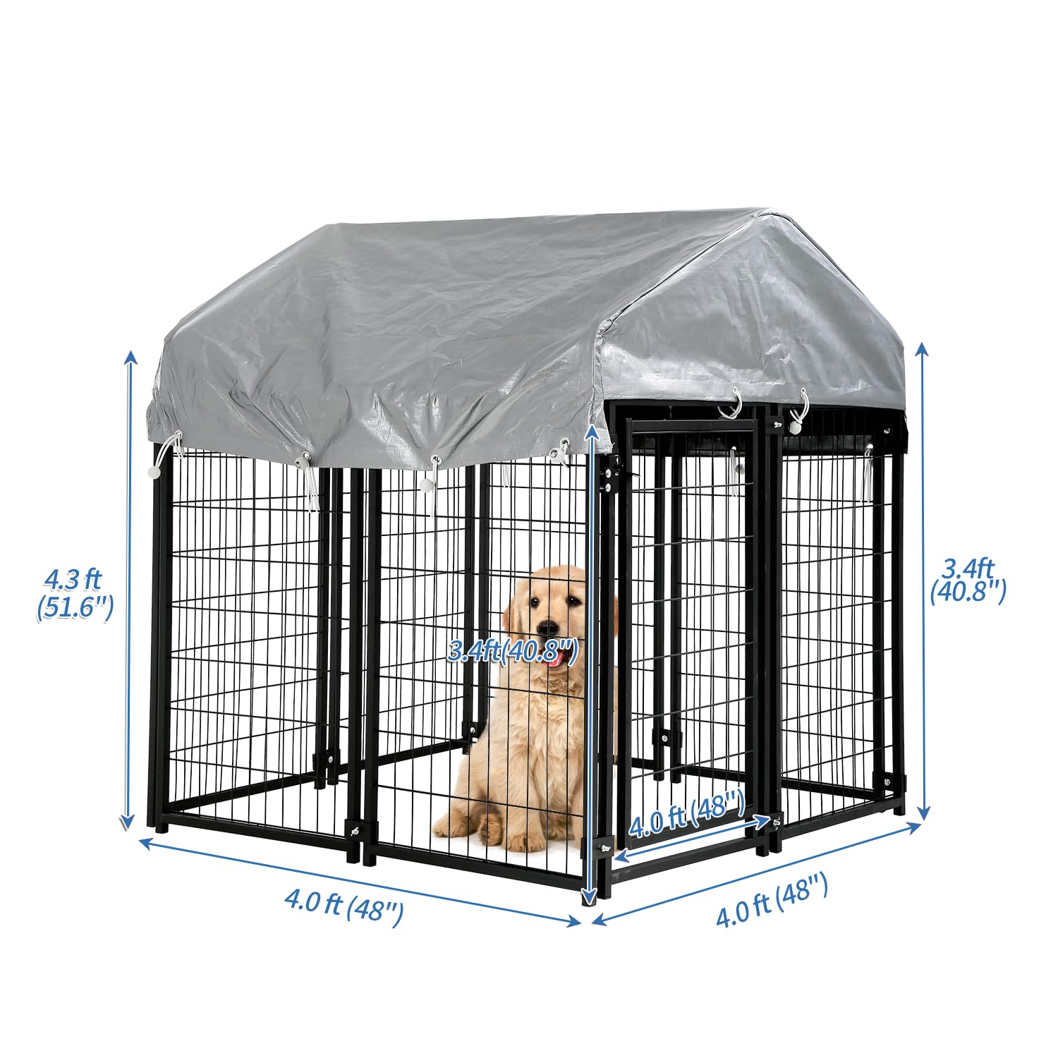 4x4x4.3FT Large Outdoor Dog Kennel with Roof - Heavy Duty Wire Dog Crate, Puppy Playpen & Weatherproof Fence with UV Protection Cover | Perfect for Backyard, Patio & Camping Use