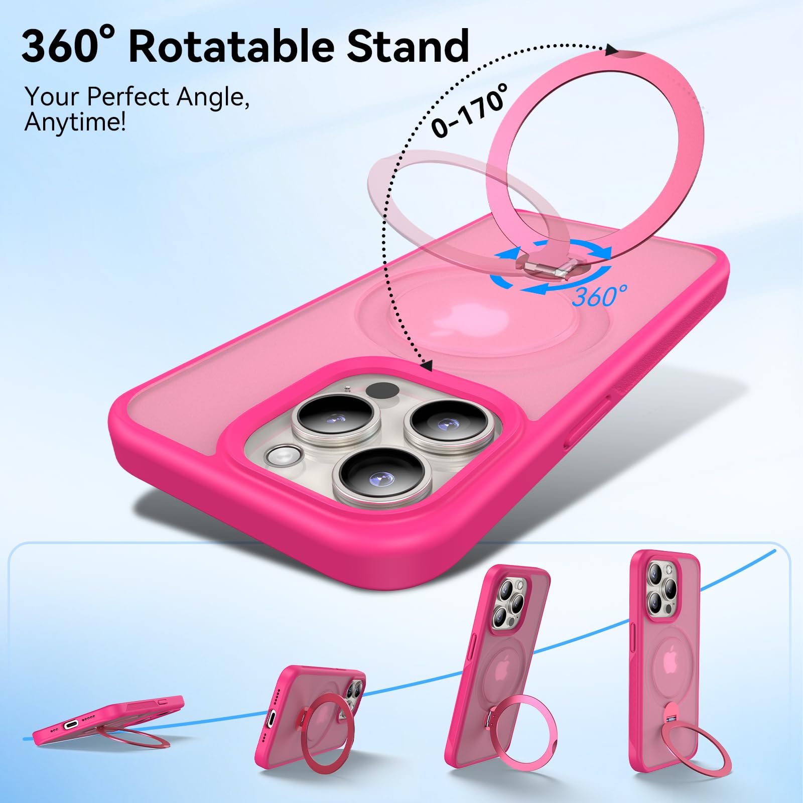 Genuine Magnetic Ring Stand Case for iPhone 15 Pro Max | Military-Grade Drop Protection & MagSafe Compatible | Shockproof Matte Translucent Slim Cover 6.7 Inch 2023 (Rose Red) | Perfect for Work, Travel & Everyday Protection
