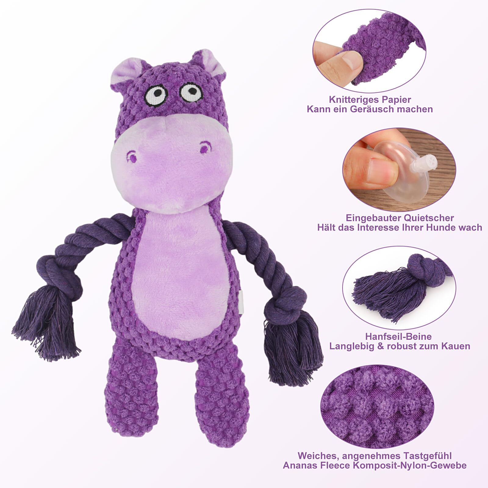 Durable Dog Chew Toys with Squeaker & Crinkle Paper - Interactive Plush Stuffed Animal & Cotton Rope Puppy Toys for Small & Medium Dogs - Purple Hippo Design - Perfect for Playtime, Training & Teething Relief