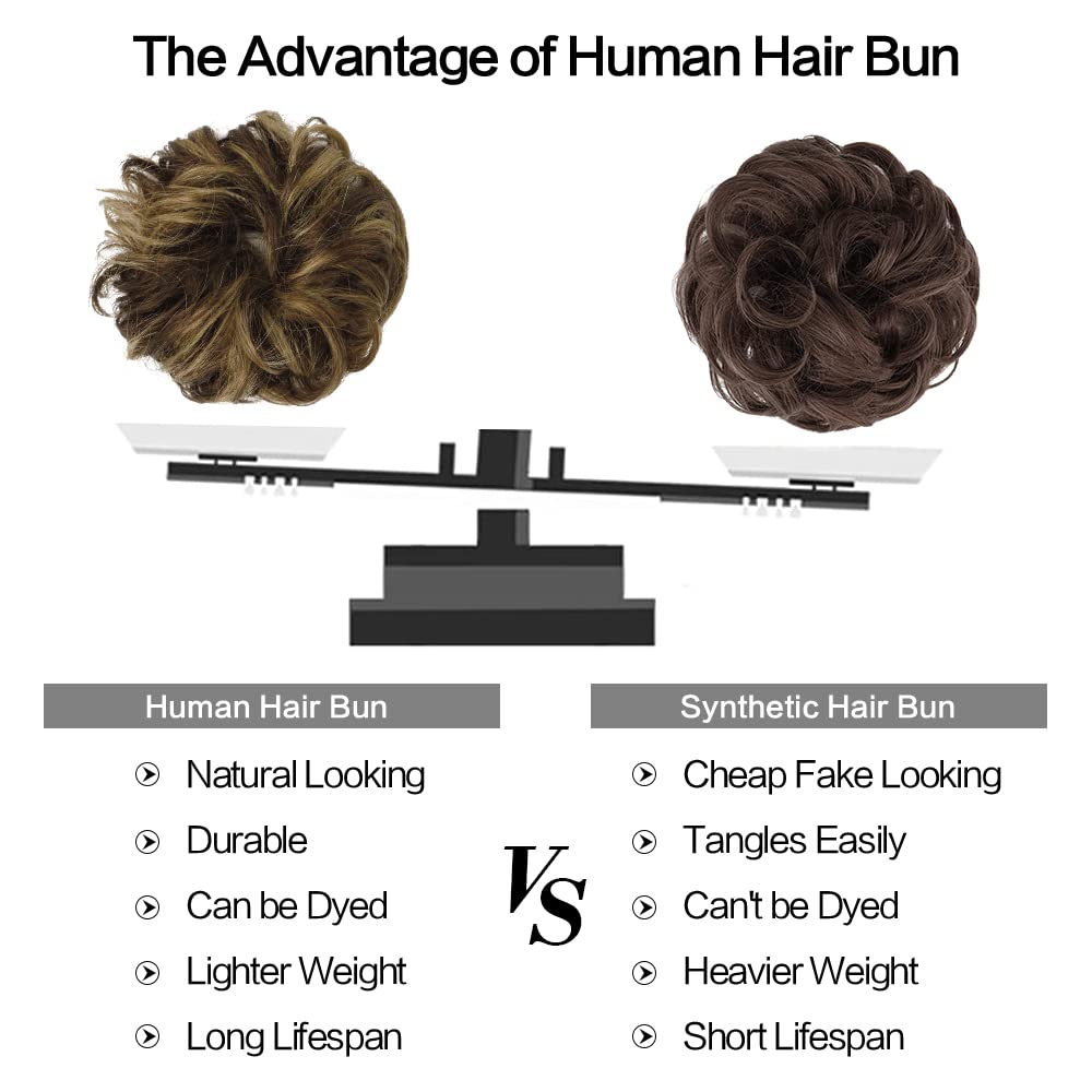 100% Human Hair Messy Bun Extensions - Real Hair Scrunchies & Ponytail Extensions for Women | Wavy Tousled Updo Chignon Hairpiece (Brown Mixed Blonde) | Perfect for Weddings, Parties & Everyday Styling