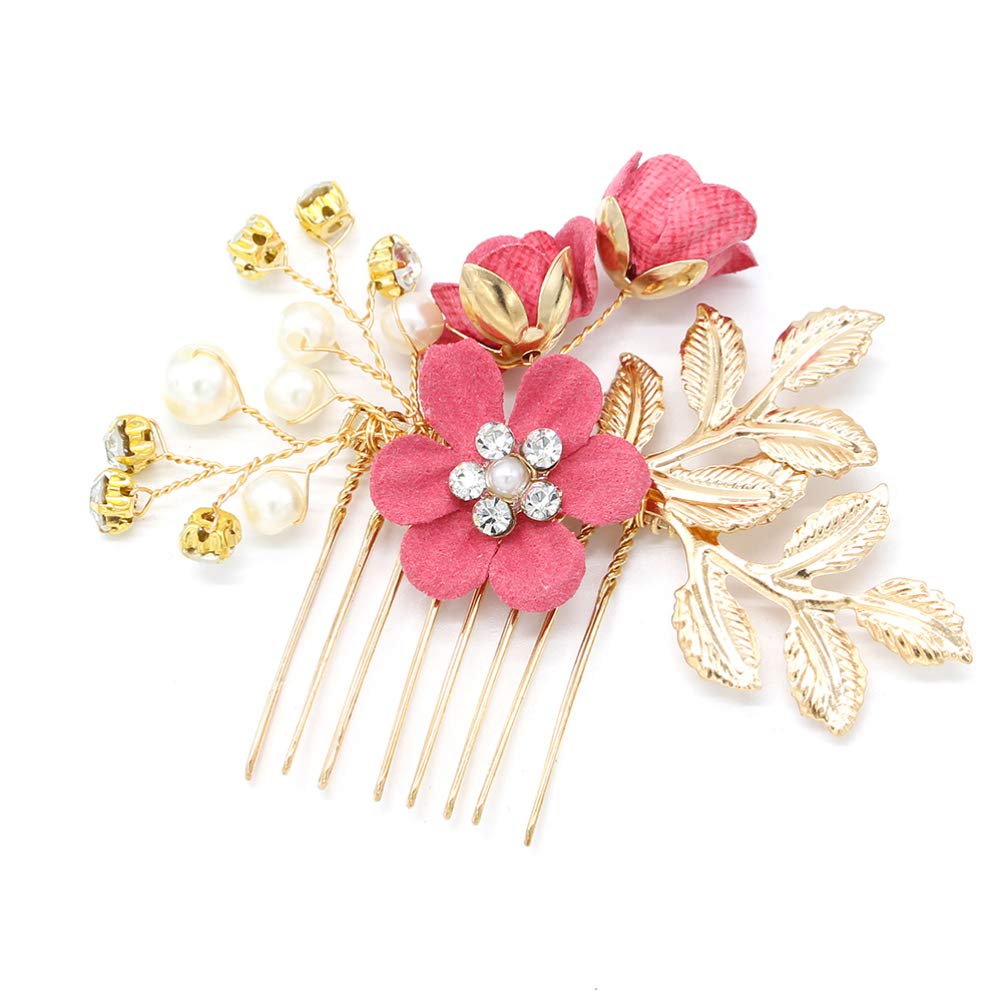 NUOBESTY 4 Pcs Rhinestone Crystal Floral Bridal Hair Clips - Wedding Hair Comb & Hair Pin Set for Brides, Prom, and Formal Events (Rosy)
