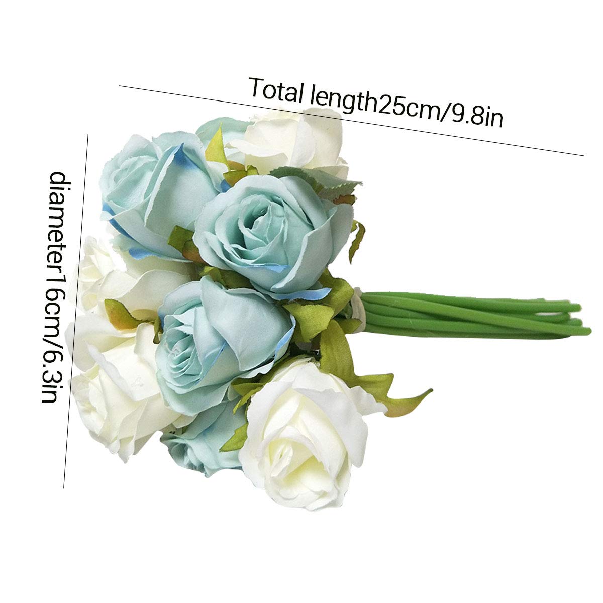 12 Heads Artificial Silk Rose Flowers Bouquet - Fake Roses for Wedding, Bridal, Home Decor (White & Blue) - Perfect for Centerpieces, Table Arrangements, and DIY Floral Projects
