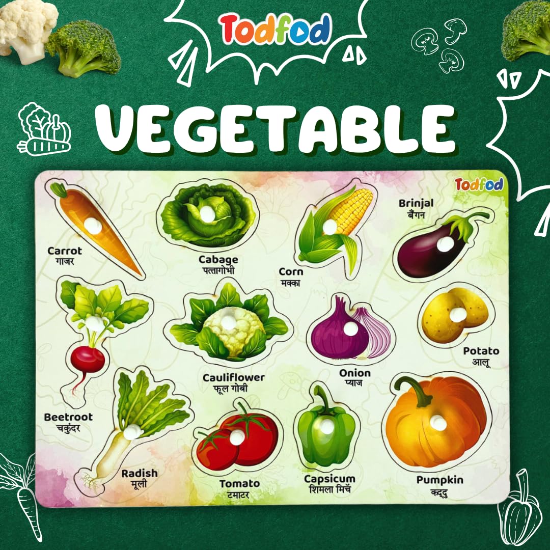 TodFod Wooden Vegetable Puzzle Toy for Kids - 7 Piece Educational Shape Matching Game with Knobs | Montessori Learning Toy for Toddlers | Perfect for Preschool Classroom & Homeschool Activities