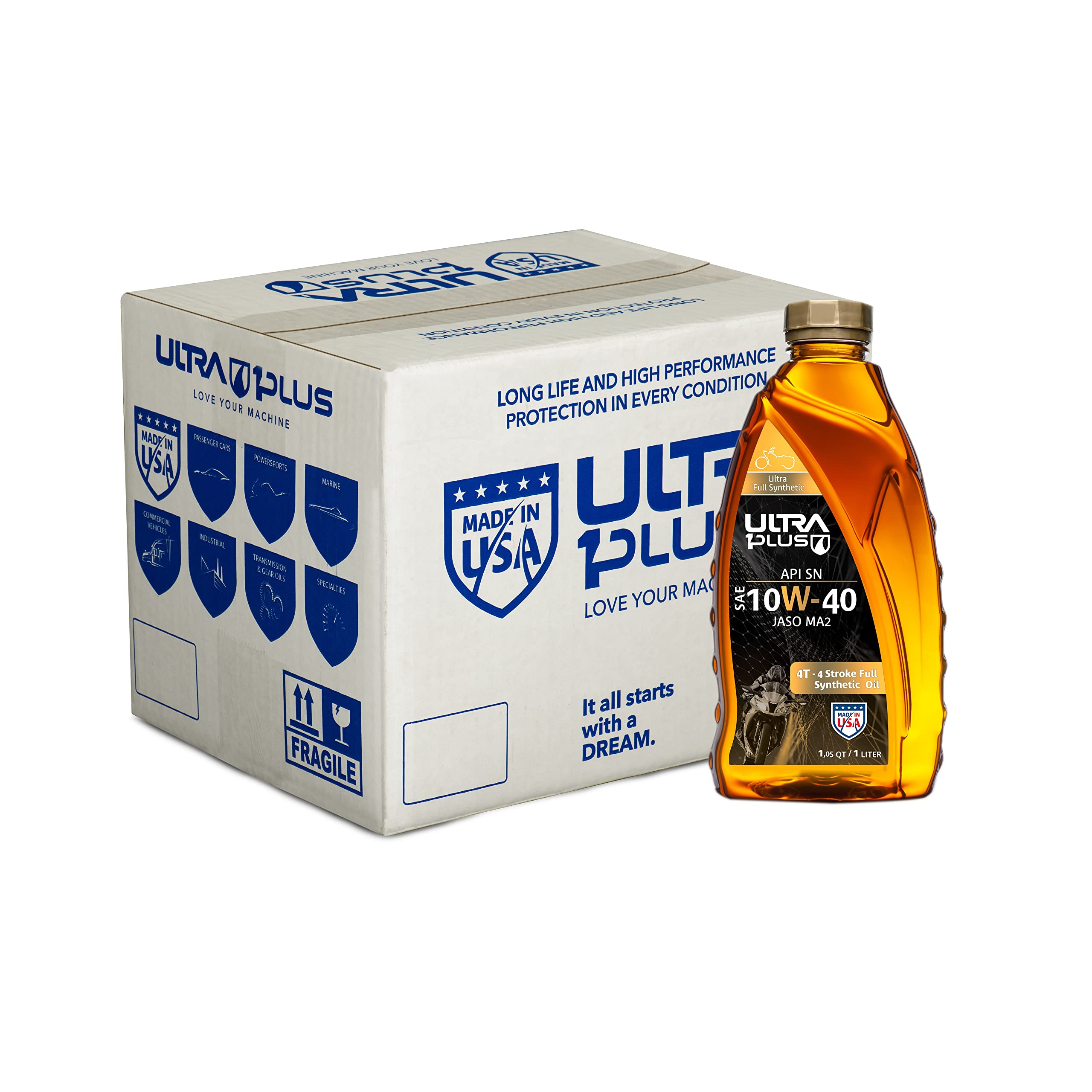 Ultra1Plus™ SAE 10W-40 Full Synthetic 4T Motorcycle Engine Oil - API SN, JASO MA2 Certified (12 Pack, 1 Liter Each) - Ideal for High-Performance Motorcycles, ATVs, and Dirt Bikes