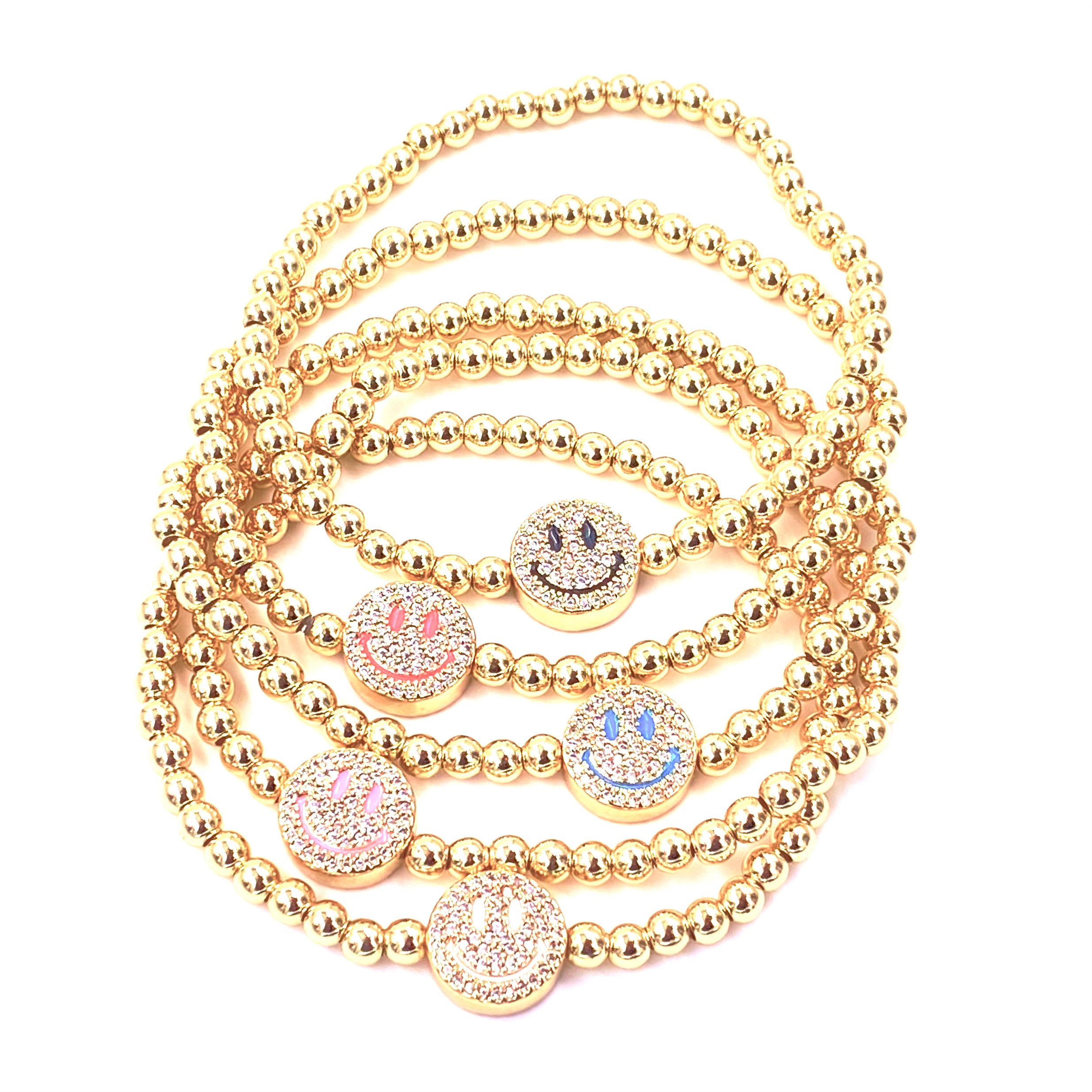 Ashley Gold Stainless Steel Beaded Stretch Bracelet with Smile Charms - Elegant Gold Plated Jewelry for Women, Perfect for Parties, Gifts & Everyday Wear