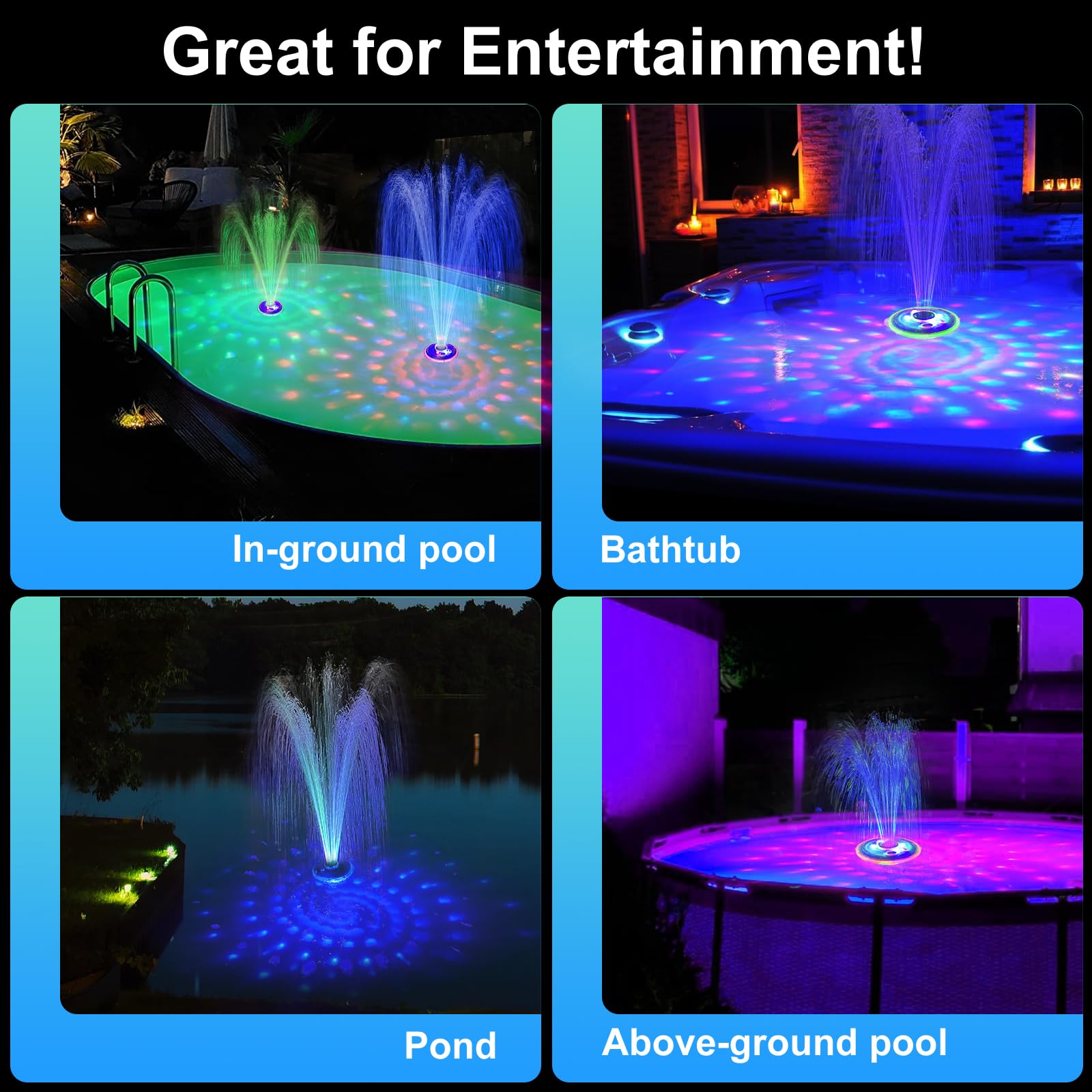 Rechargeable Battery Powered Floating Pool Fountain with LED Underwater Light Show - 2 Spray Modes Waterfall Pump for Inground/Above Ground Pools & Garden Ponds - Perfect for Backyard Decor, Water Aeration and Relaxation