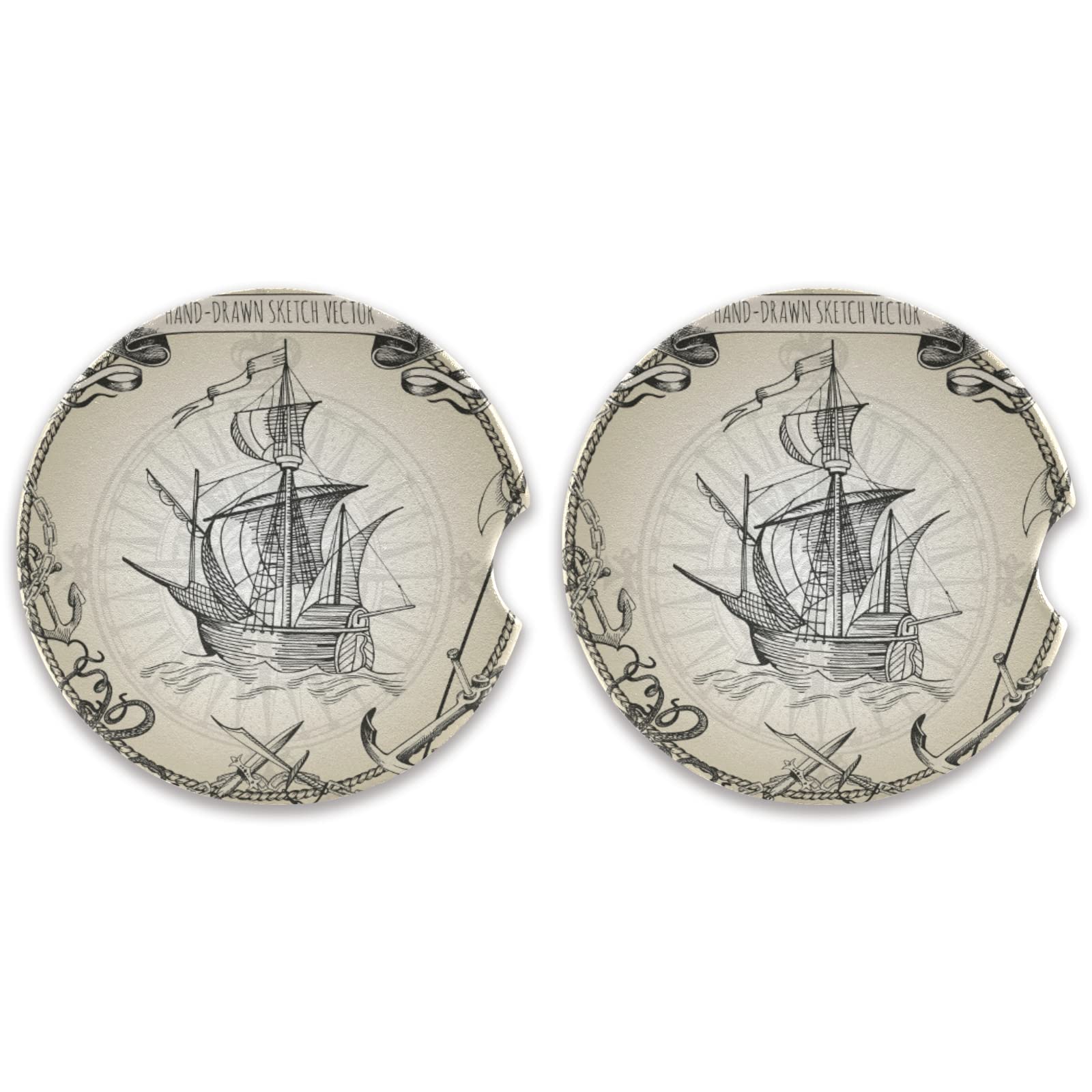 Vintage Pirate Sailboat Car Coasters Set of 2 - Absorbent Round Cup Holders with Cork Back & Finger Slot for Easy Removal - Car Accessories for Coffee Mugs & Drinks - Perfect for Road Trips, Commuting & Office Use