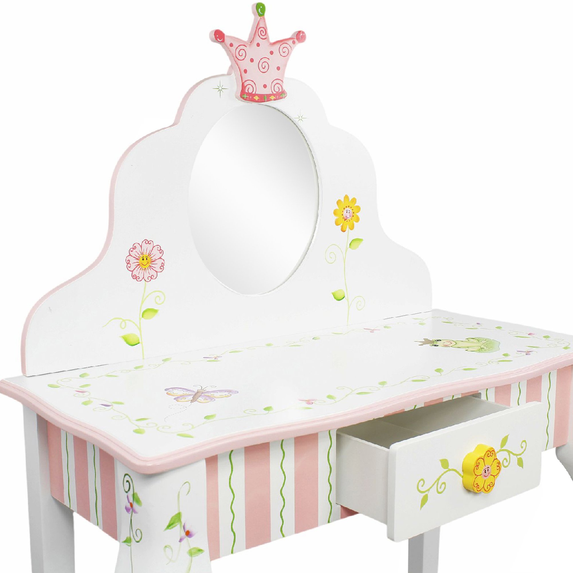 Fantasy Fields Princess & Frog Kids Vanity Table and Stool Set with 1 Drawer - White & Pink Crown-Themed Dresser for Girls Bedroom, Birthday Gift for Toddlers (Perfect for Pretend Play & Room Decor)