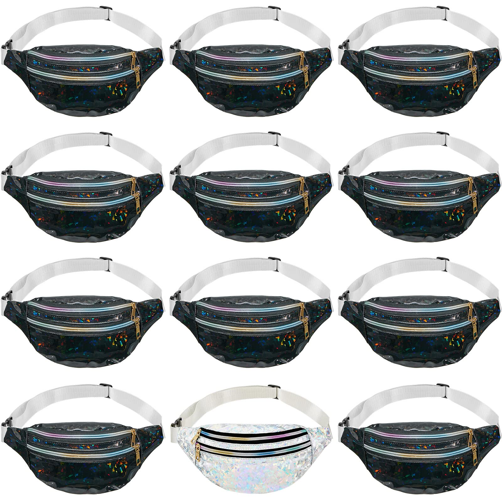 **Dunzy 12-Pack Holographic Fanny Packs for Bachelorette Party - Waterproof Waist Bags for Bride & Bridesmaids (Black, Silver) - Perfect for Weddings, Bachelorette Events & Outdoor Adventures**