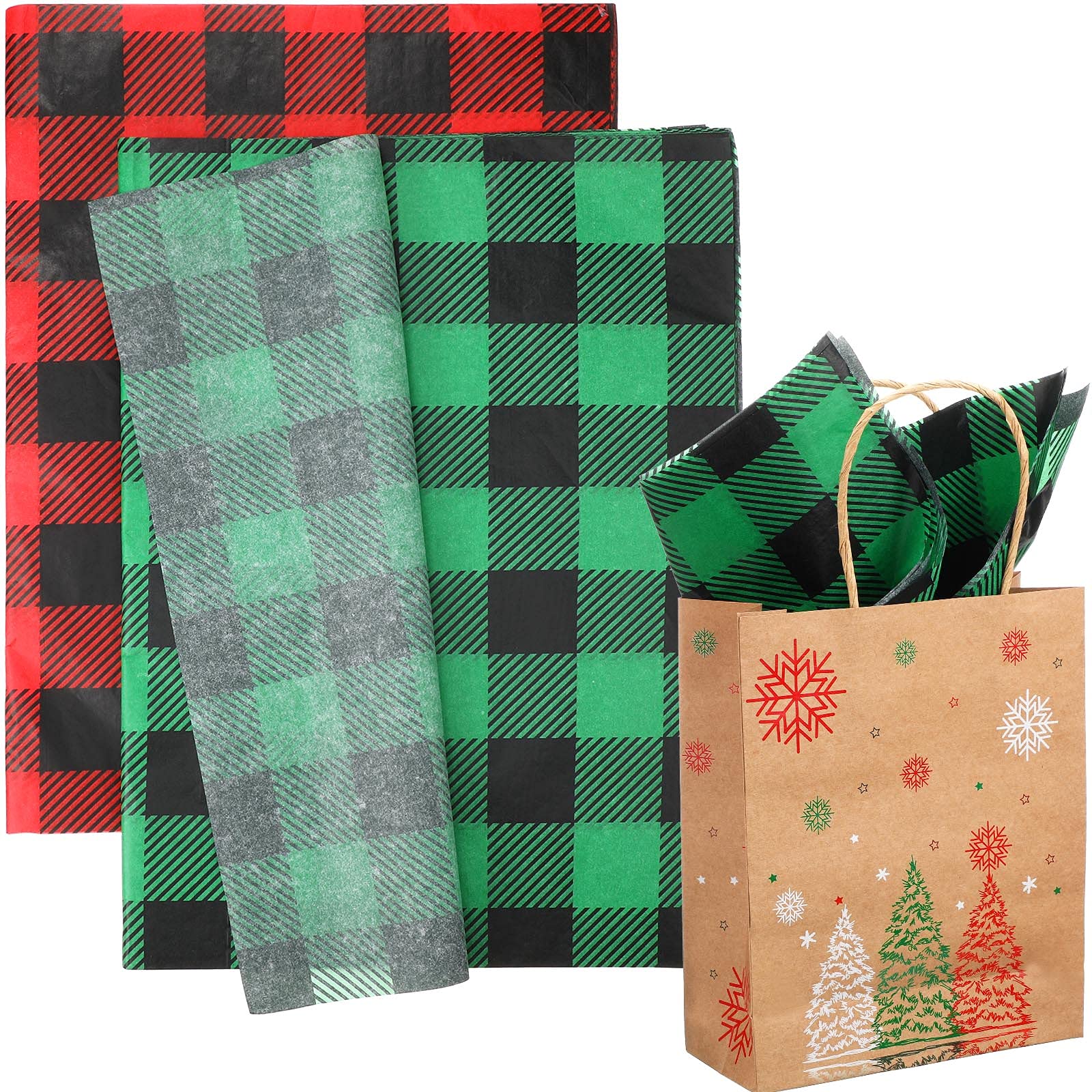 100 Sheets Buffalo Plaid Christmas Wrapping Paper - Rustic Holiday Tissue Paper for DIY Crafts, Gift Wrapping (Red-Black & Green-Black) | Perfect for Christmas Presents, Party Decorations & Scrapbooking Projects