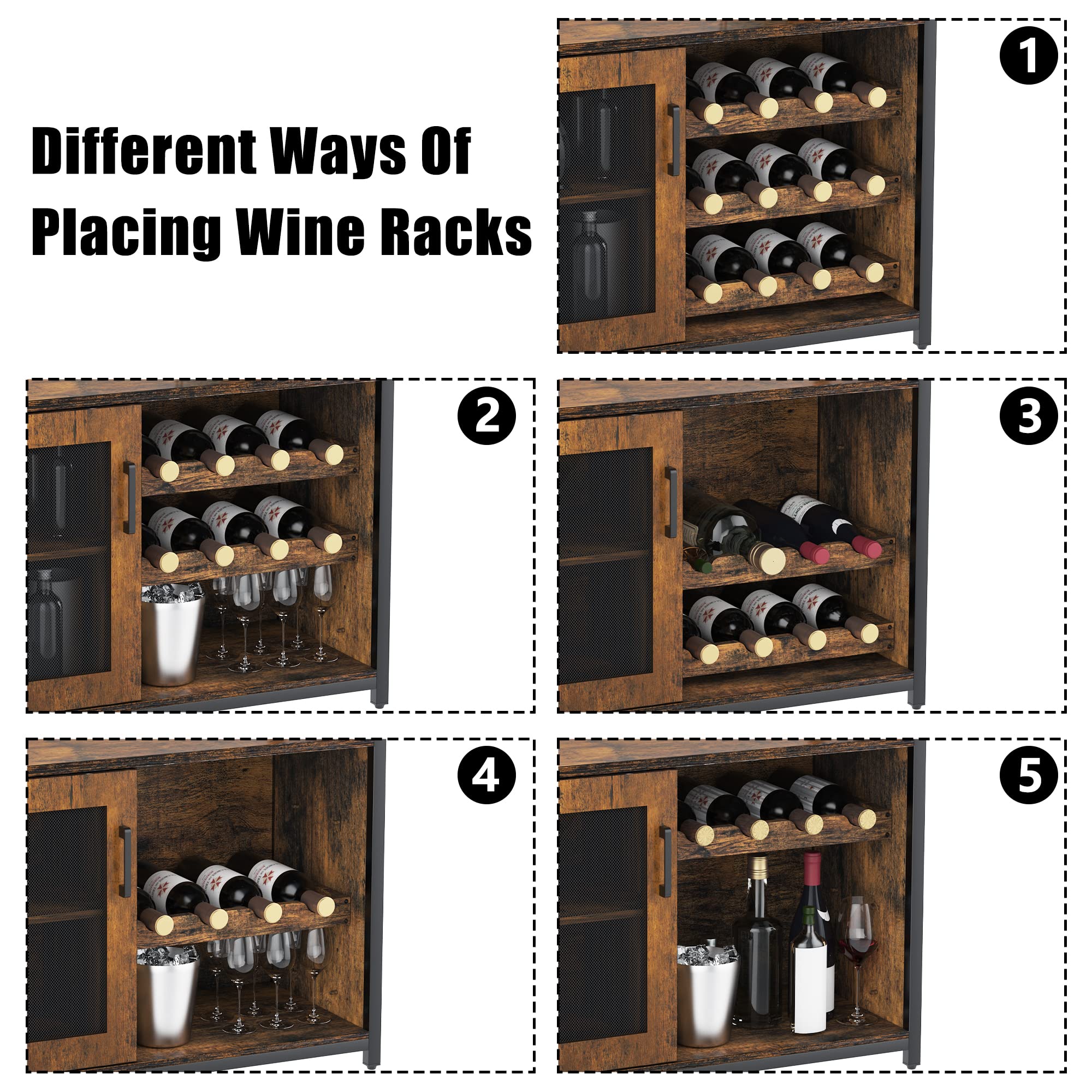 Rustic Brown Wine Bar Cabinet with Detachable Wine Rack - Industrial Coffee Bar Sideboard with Storage | Farmhouse Buffet Cabinet for Kitchen, Dining & Living Room | Perfect for Home Bars, Entertaining & Wine Storage