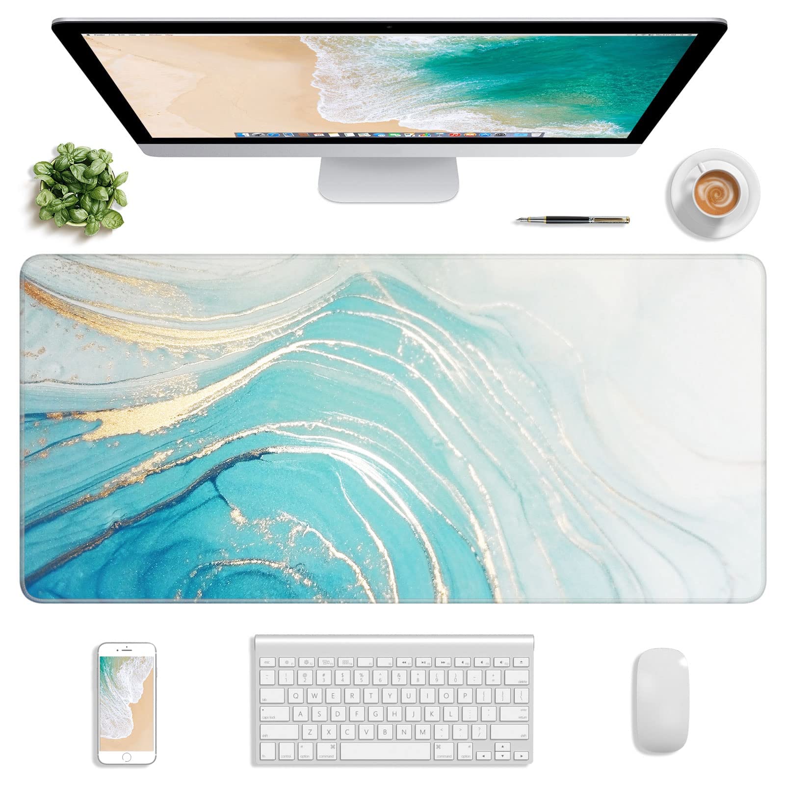 Atufsuat XXL Gaming Mouse Pad 30x14 Inch, Non-Slip Desk Mat for Office & PC Gaming - Green Marble