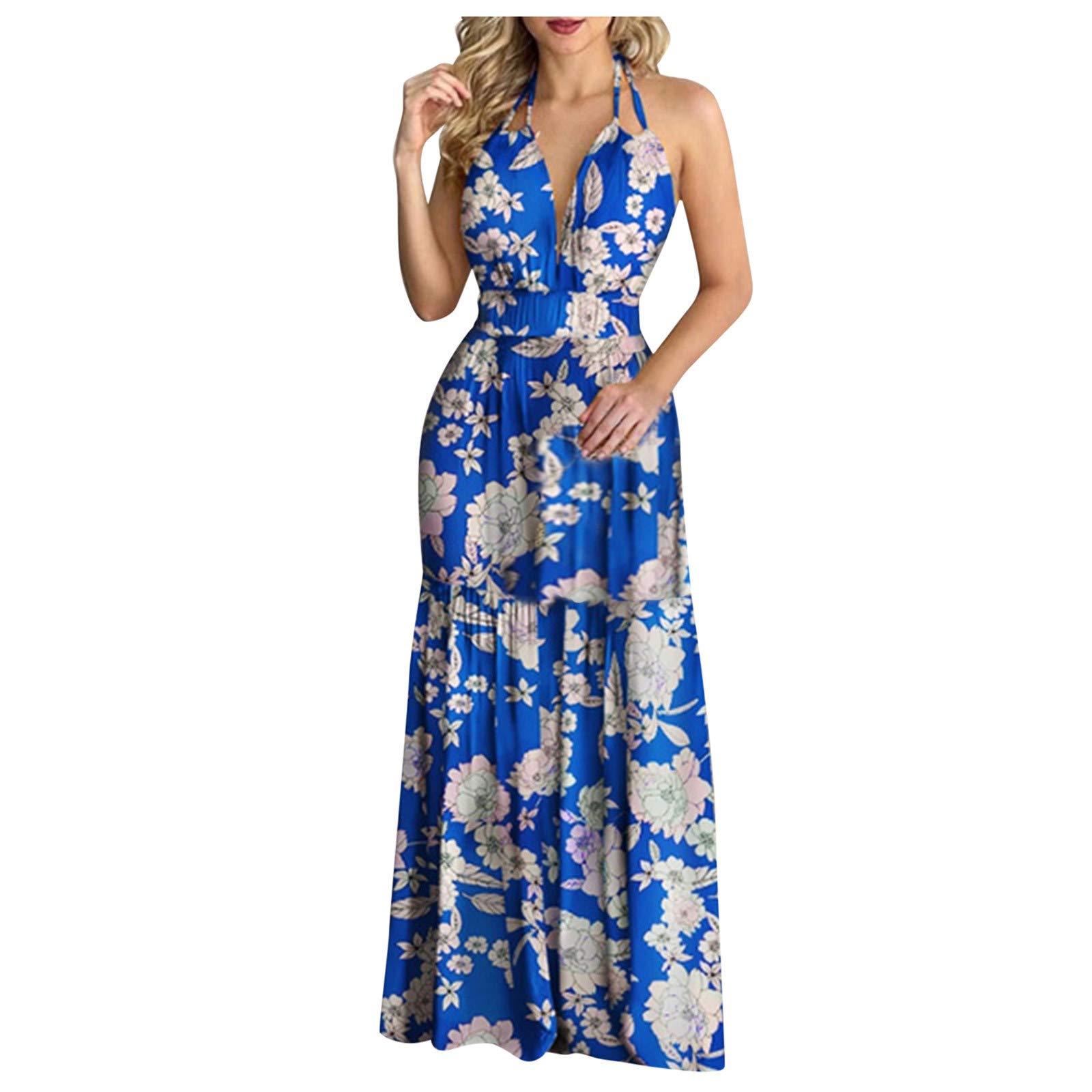 Maxi Sleeveless Tropical Print Dress - Sexy Backless Halter Women's Beach Dress in Green Moon | Perfect for Summer Vacations, Pool Parties & Tropical Getaways