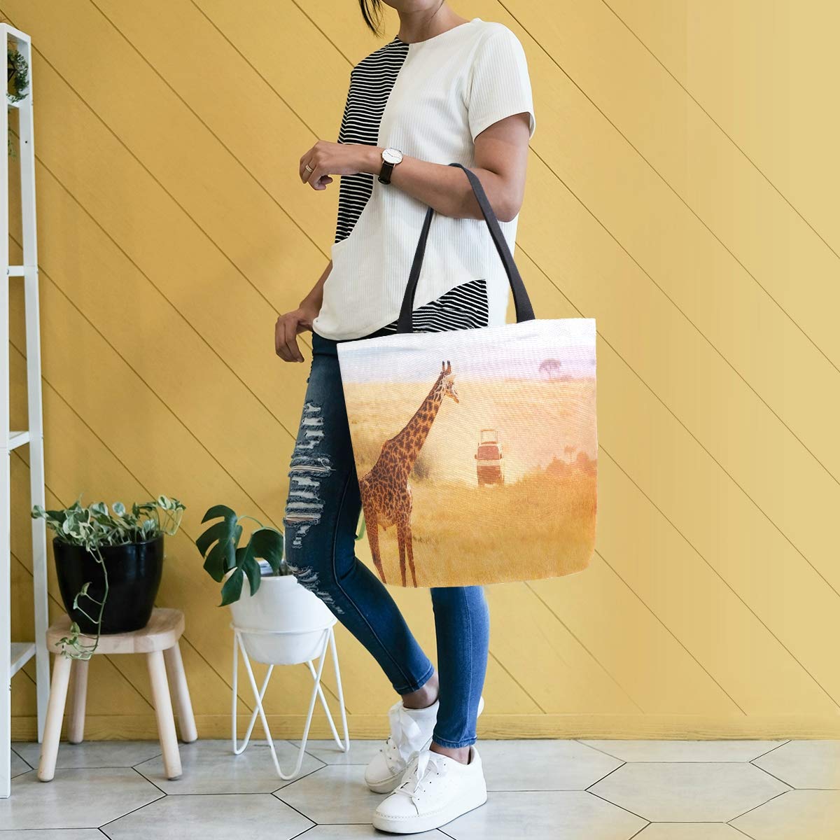 ALAZA Giraffe Sunset Print Reusable Grocery Tote Bag - Large Eco-Friendly Shopping Bag for Women, Beach, Travel & Outdoor Activities - Durable Casual Shoulder Handbag for Groceries, Market & Daily Use